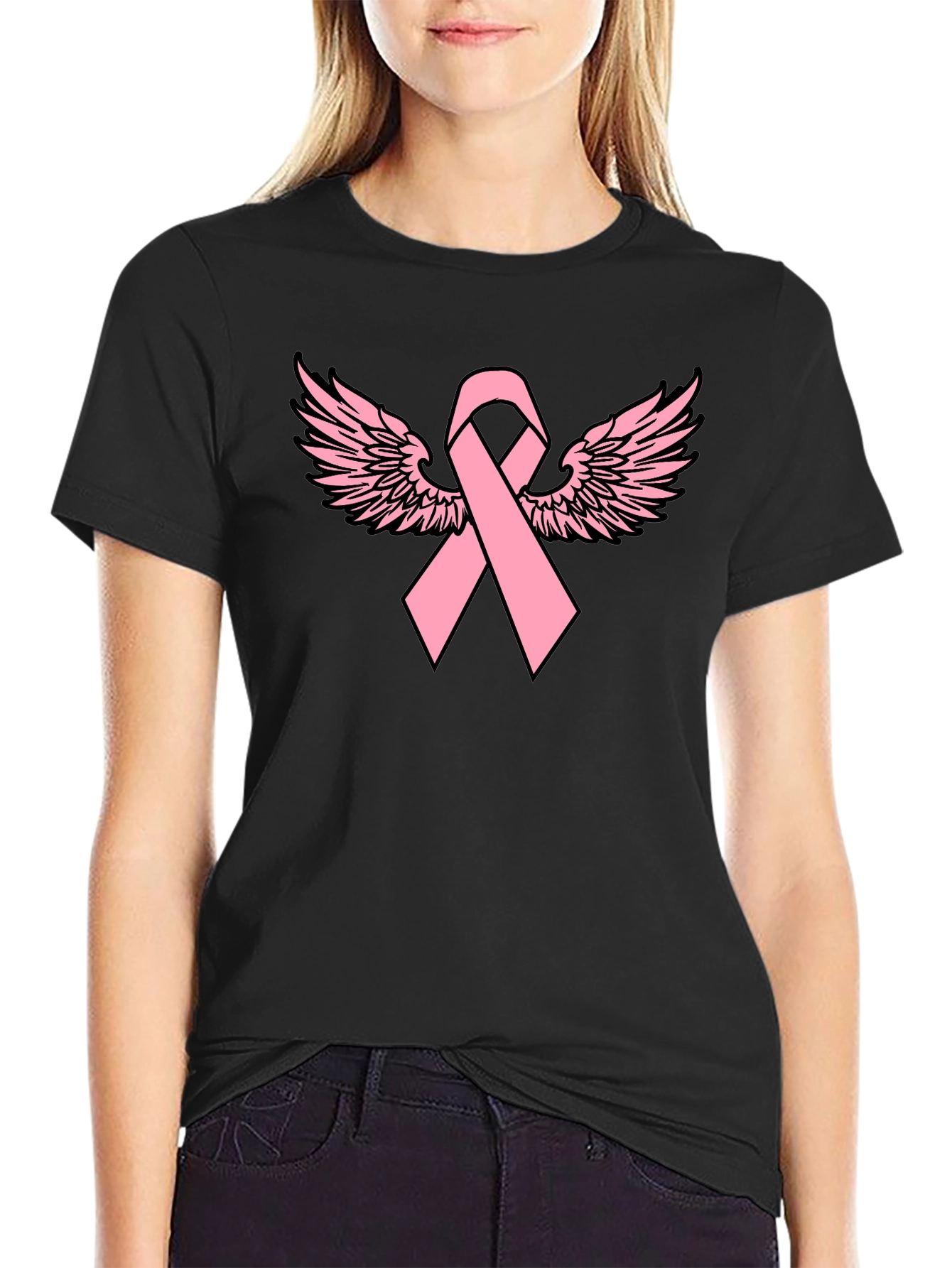 Pink Ribbon Wings Black T-Shirt
