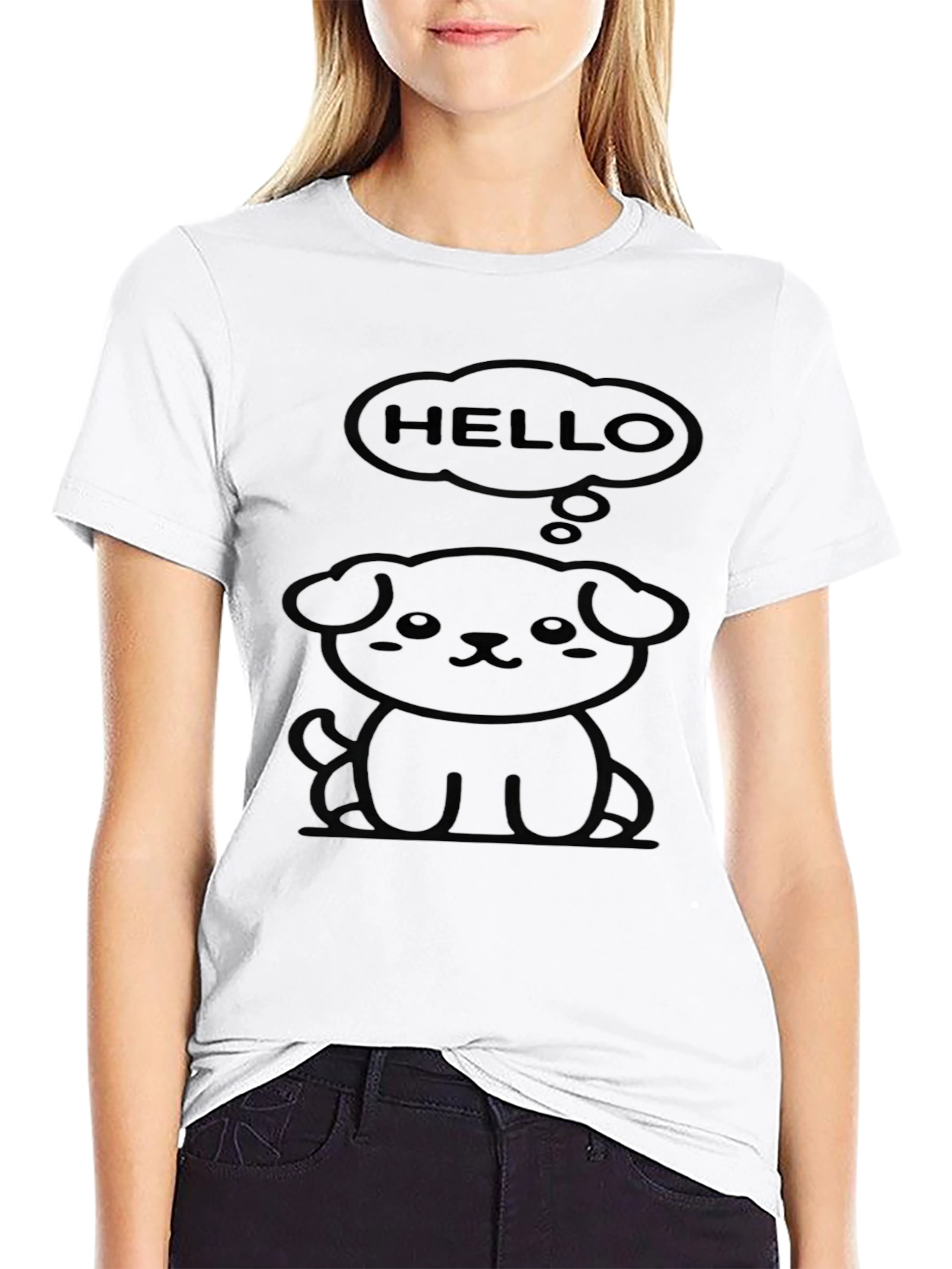 Cute Puppy Hello Black T-Shirt