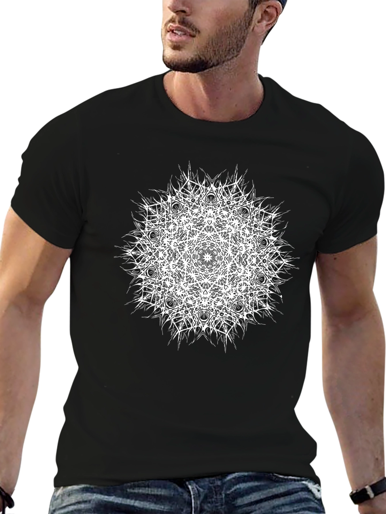 Black T-Shirt with White Mandala Print