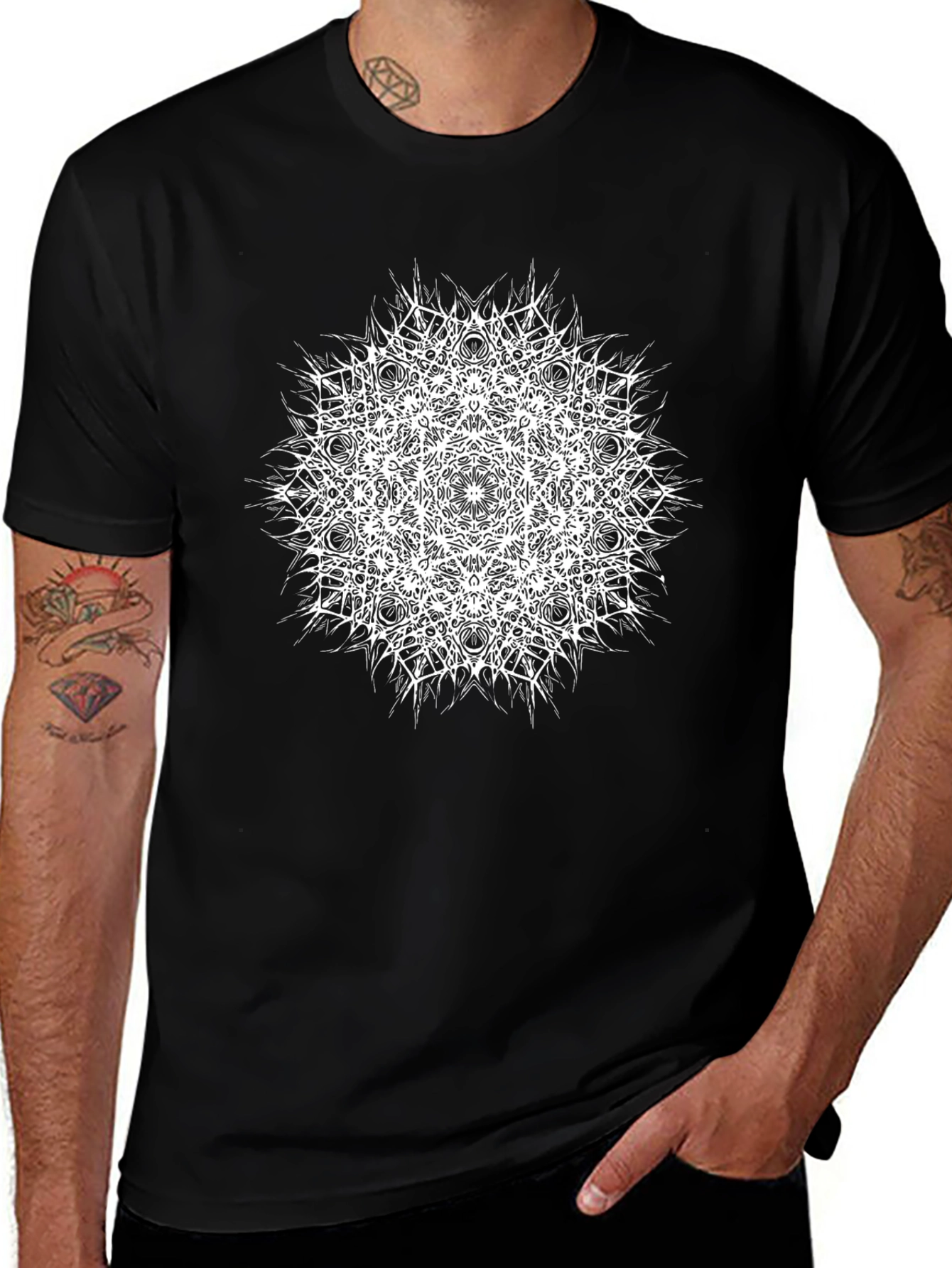 Black T-Shirt with White Mandala Print