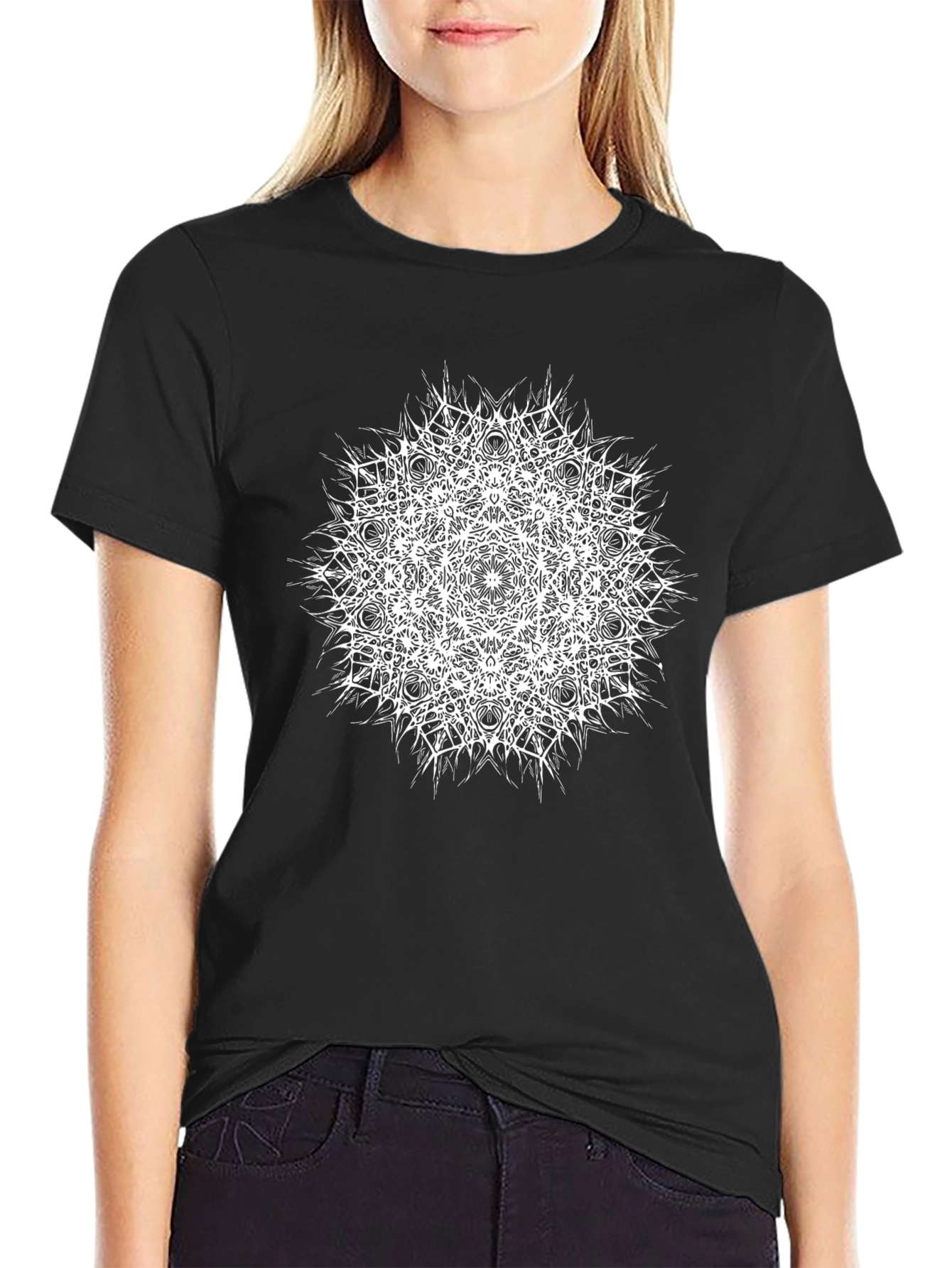 Black T-Shirt with White Mandala Print