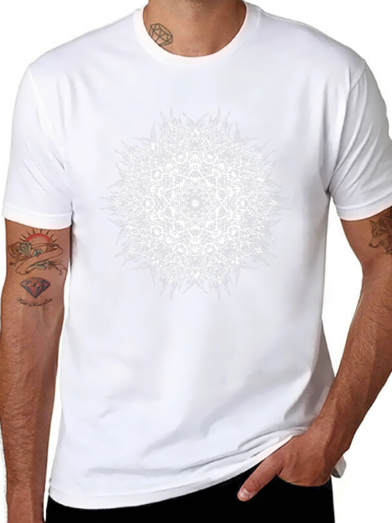 Black T-Shirt with White Mandala Print
