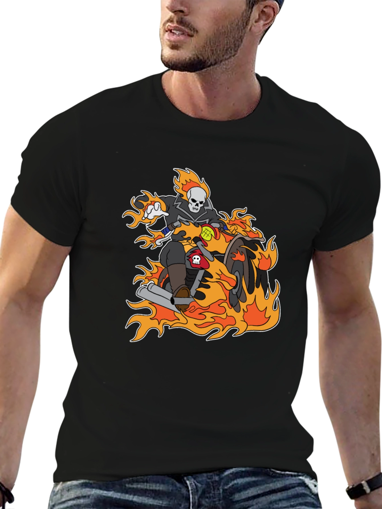 Ghost Rider Cartoon T-Shirt - Flaming Bike Design
