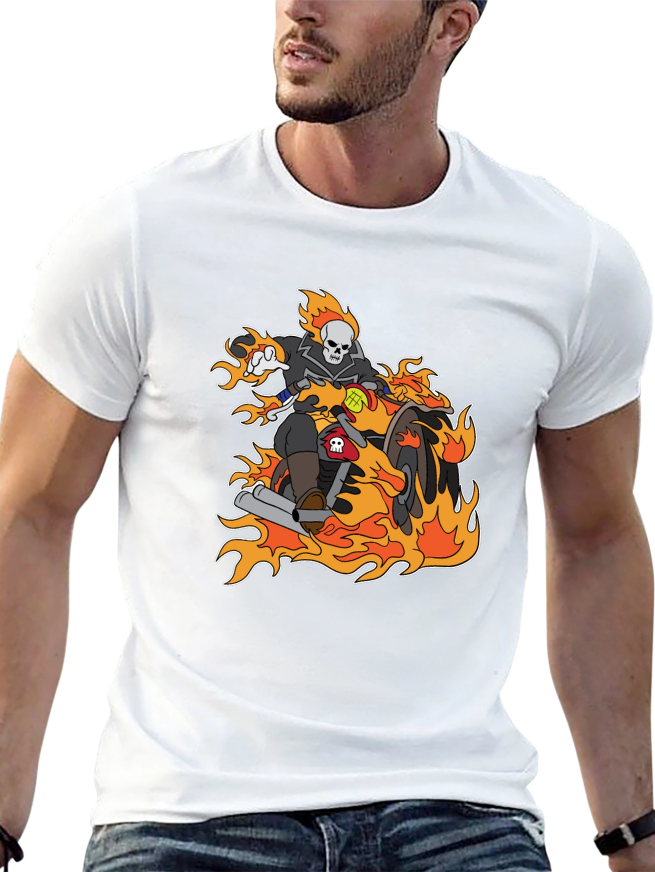 Ghost Rider Cartoon T-Shirt - Flaming Bike Design