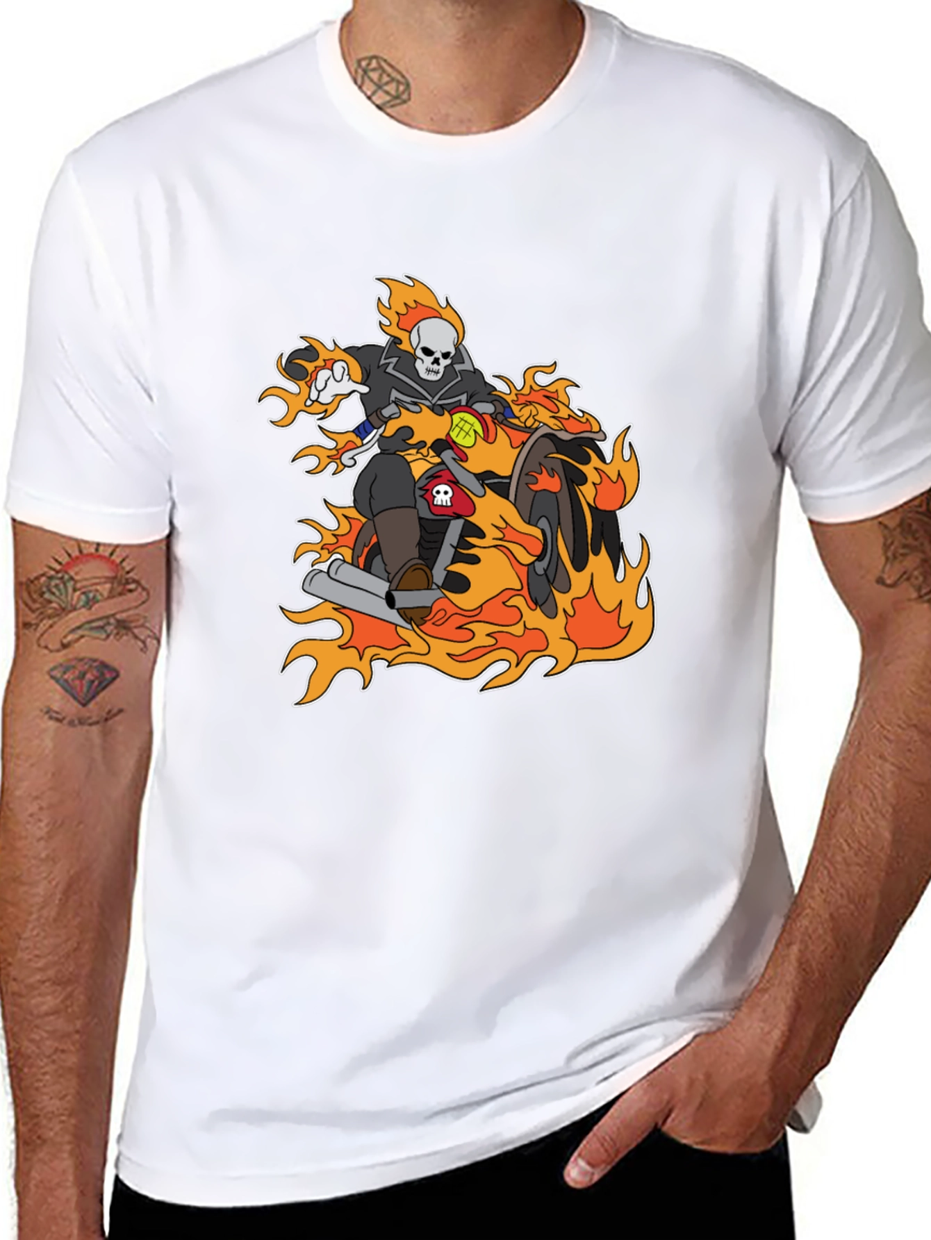 Ghost Rider Cartoon T-Shirt - Flaming Bike Design