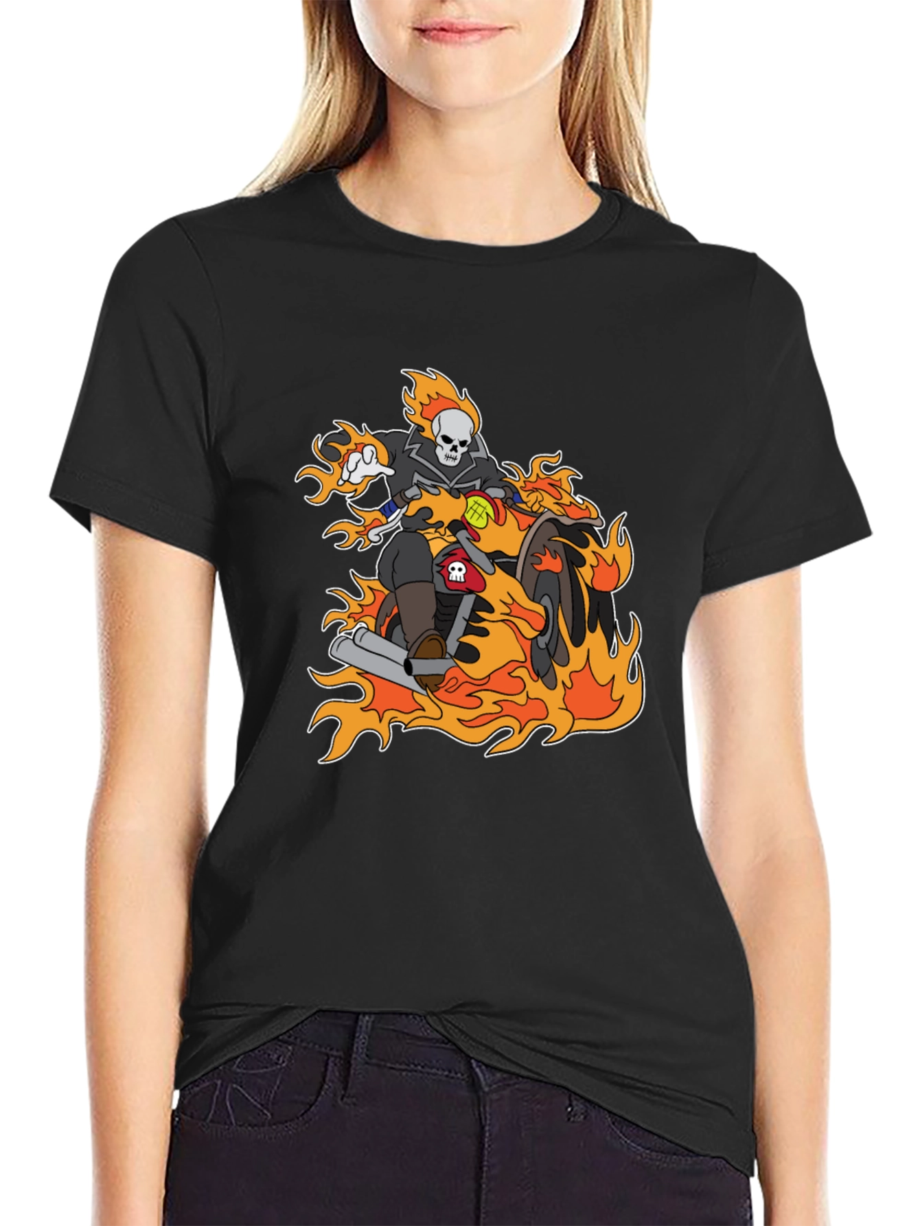 Ghost Rider Cartoon T-Shirt - Flaming Bike Design