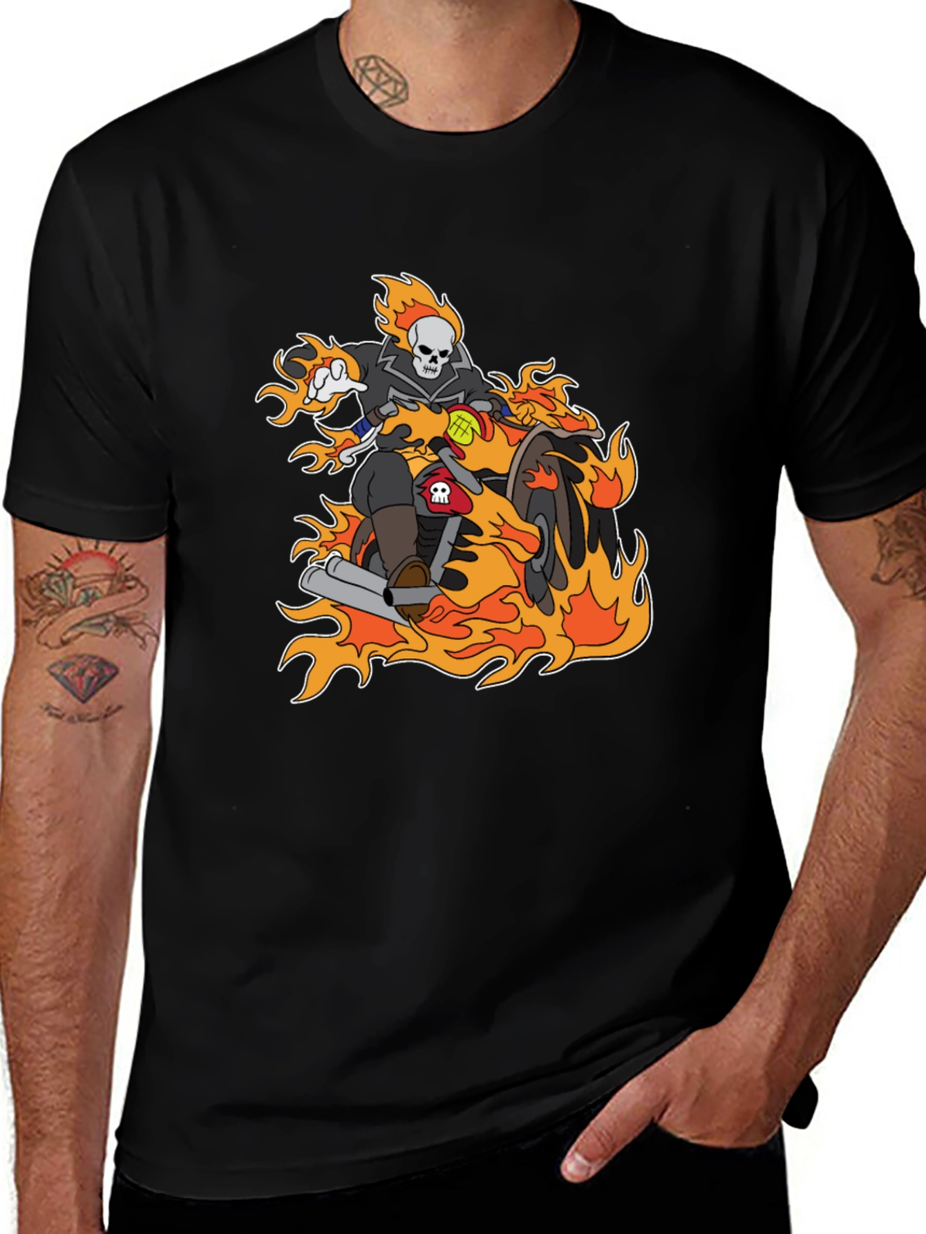 Ghost Rider Cartoon T-Shirt - Flaming Bike Design