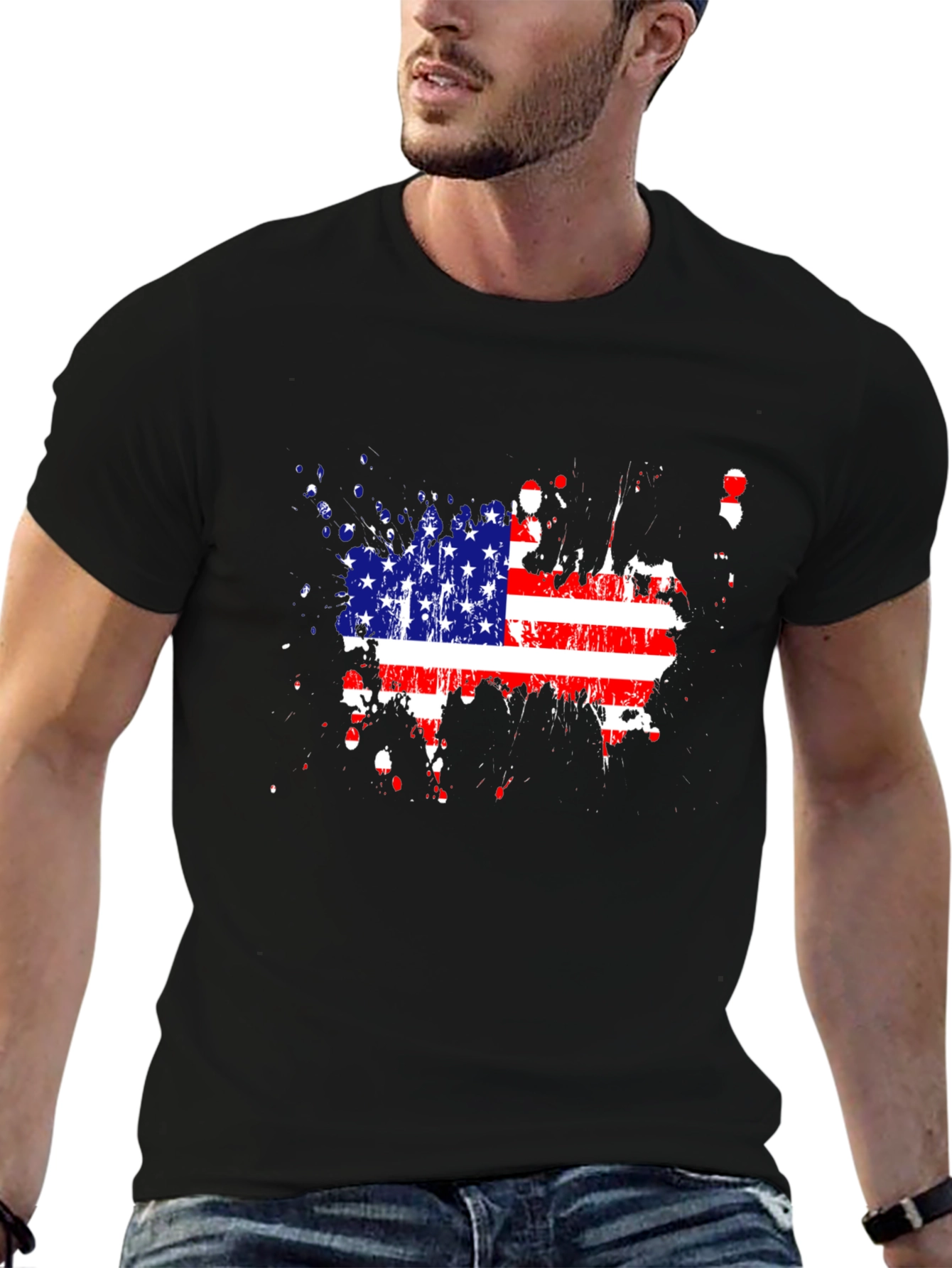 USA Flag Splatter Print Black T-Shirt