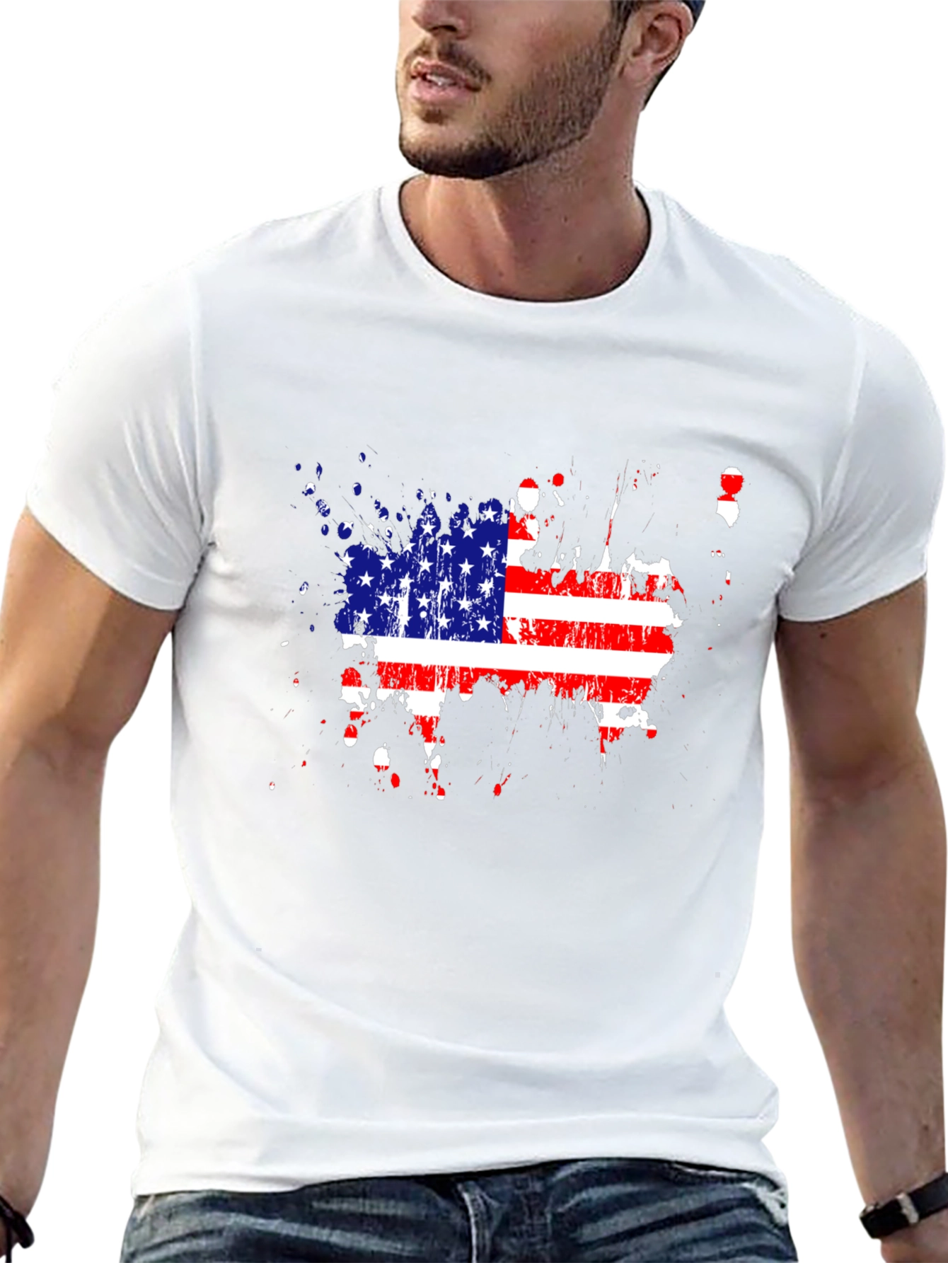 USA Flag Splatter Print Black T-Shirt