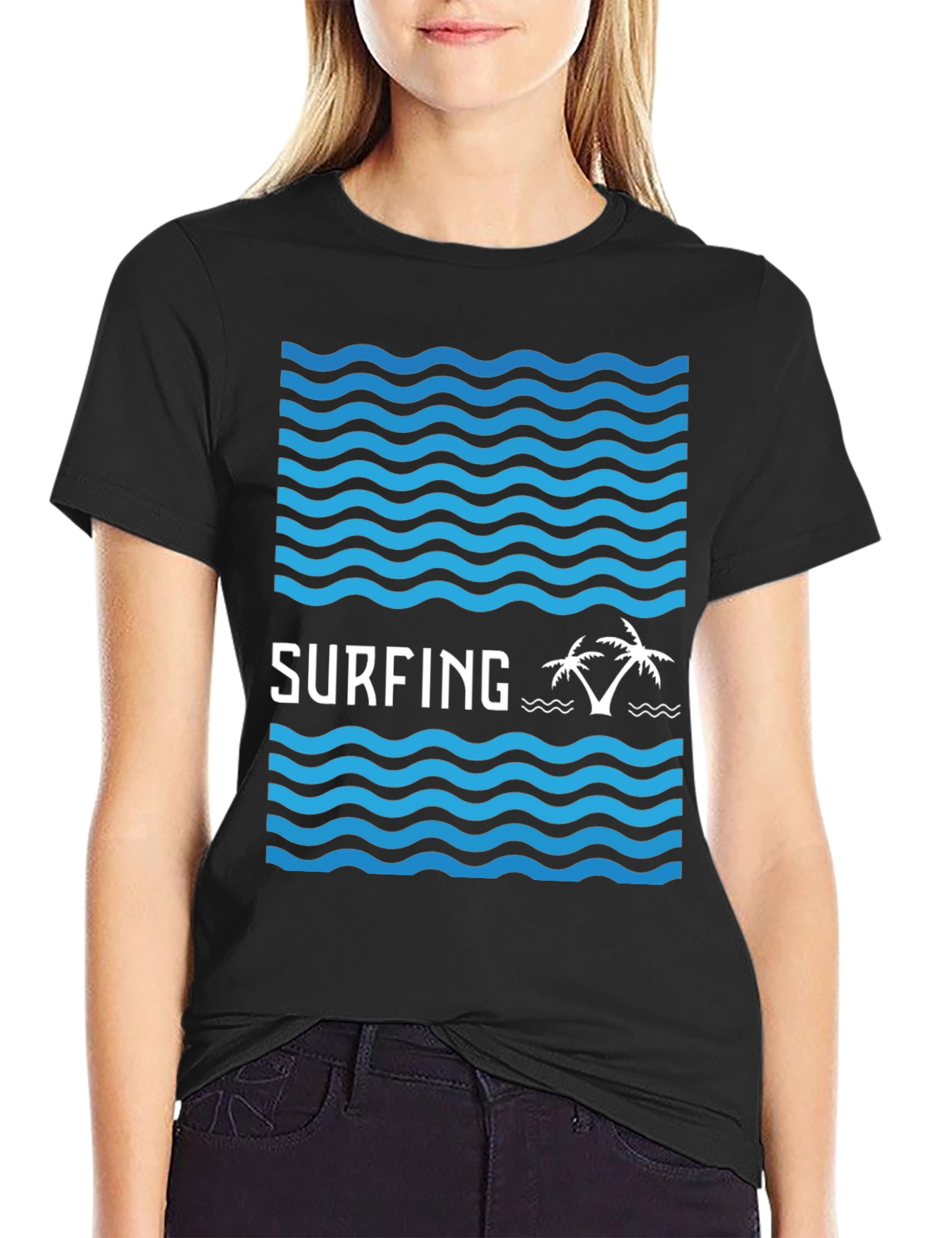 Surfing Vibes Graphic Tee - Black Cotton Blend