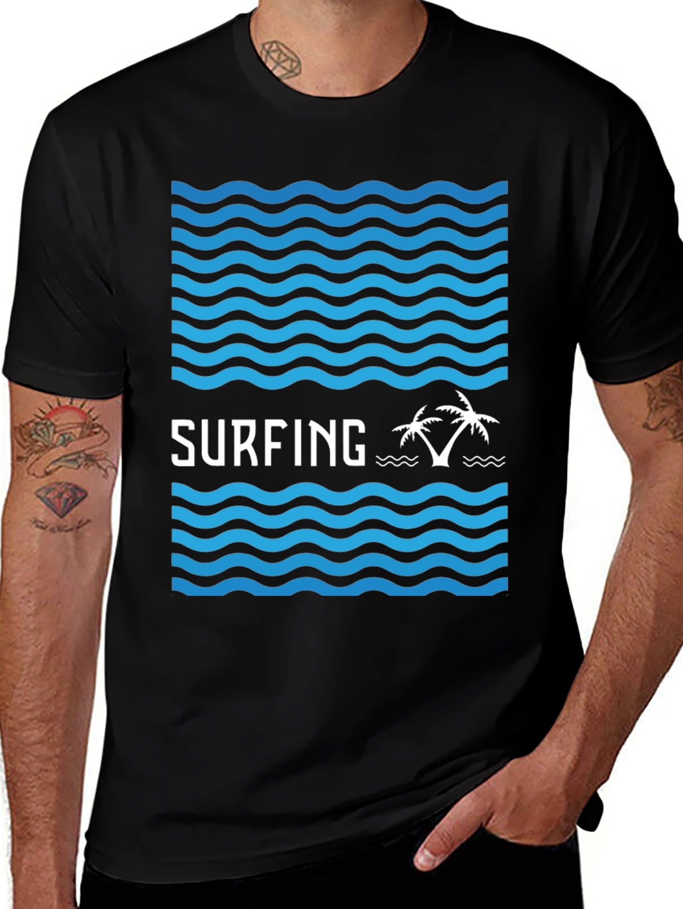 Surfing Vibes Graphic Tee - Black Cotton Blend