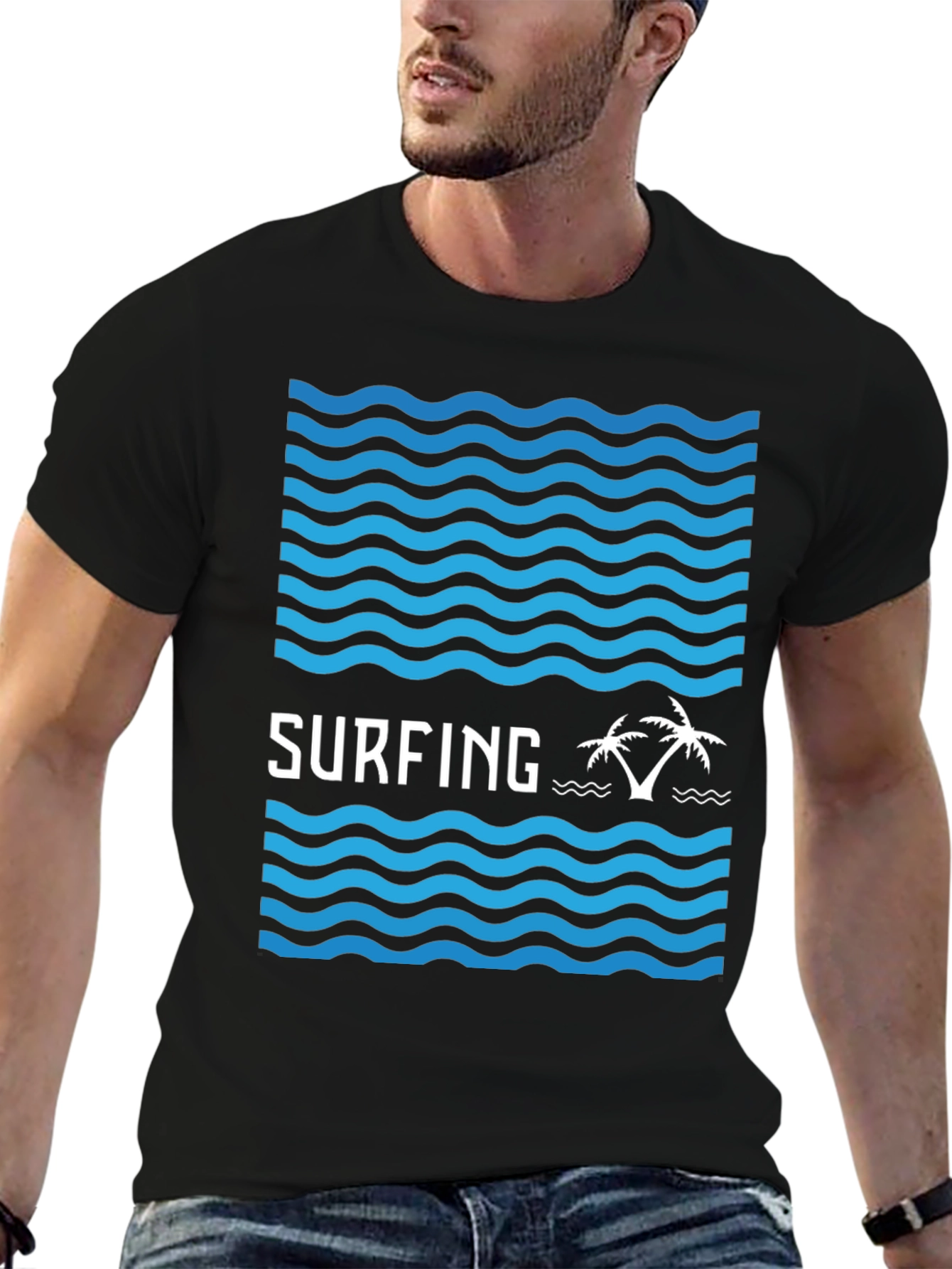 Surfing Vibes Graphic Tee - Black Cotton Blend