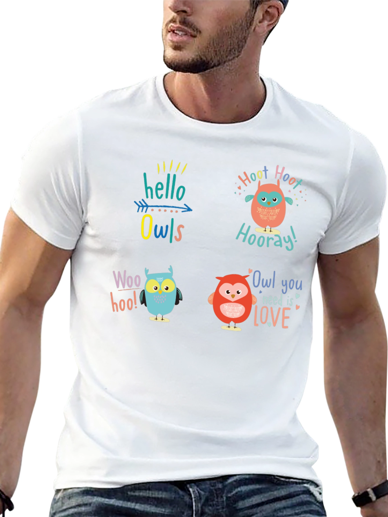 Fun Owl Graphic Print Crew Neck T-Shirt