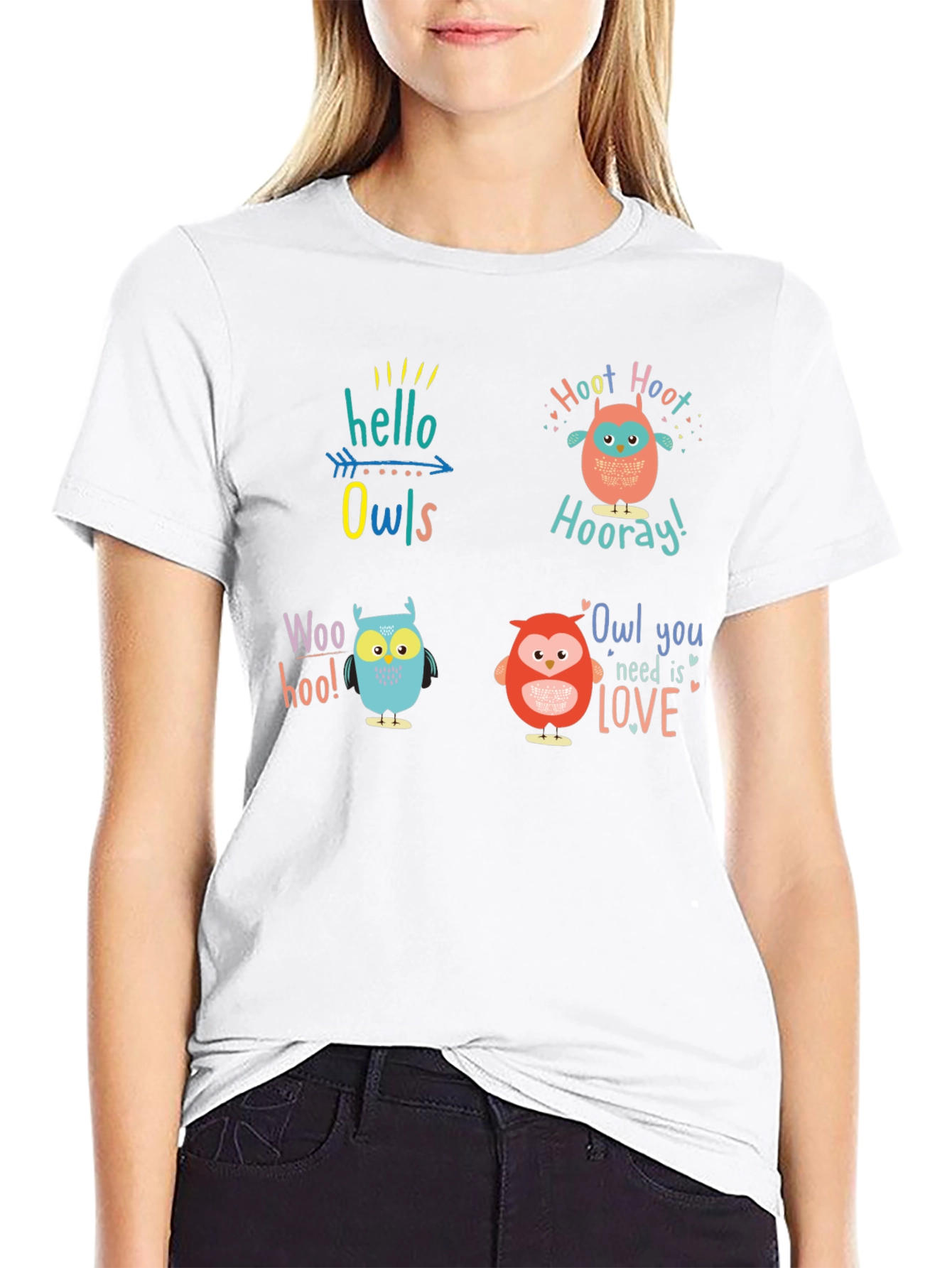 Fun Owl Graphic Print Crew Neck T-Shirt