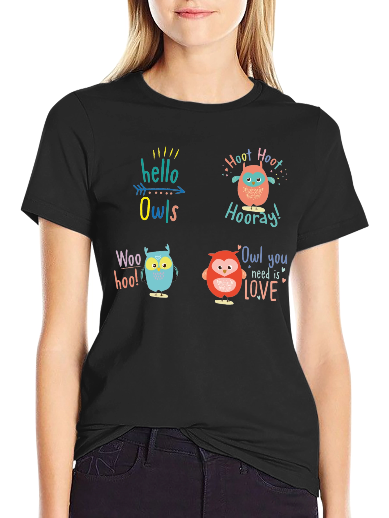Fun Owl Graphic Print Crew Neck T-Shirt