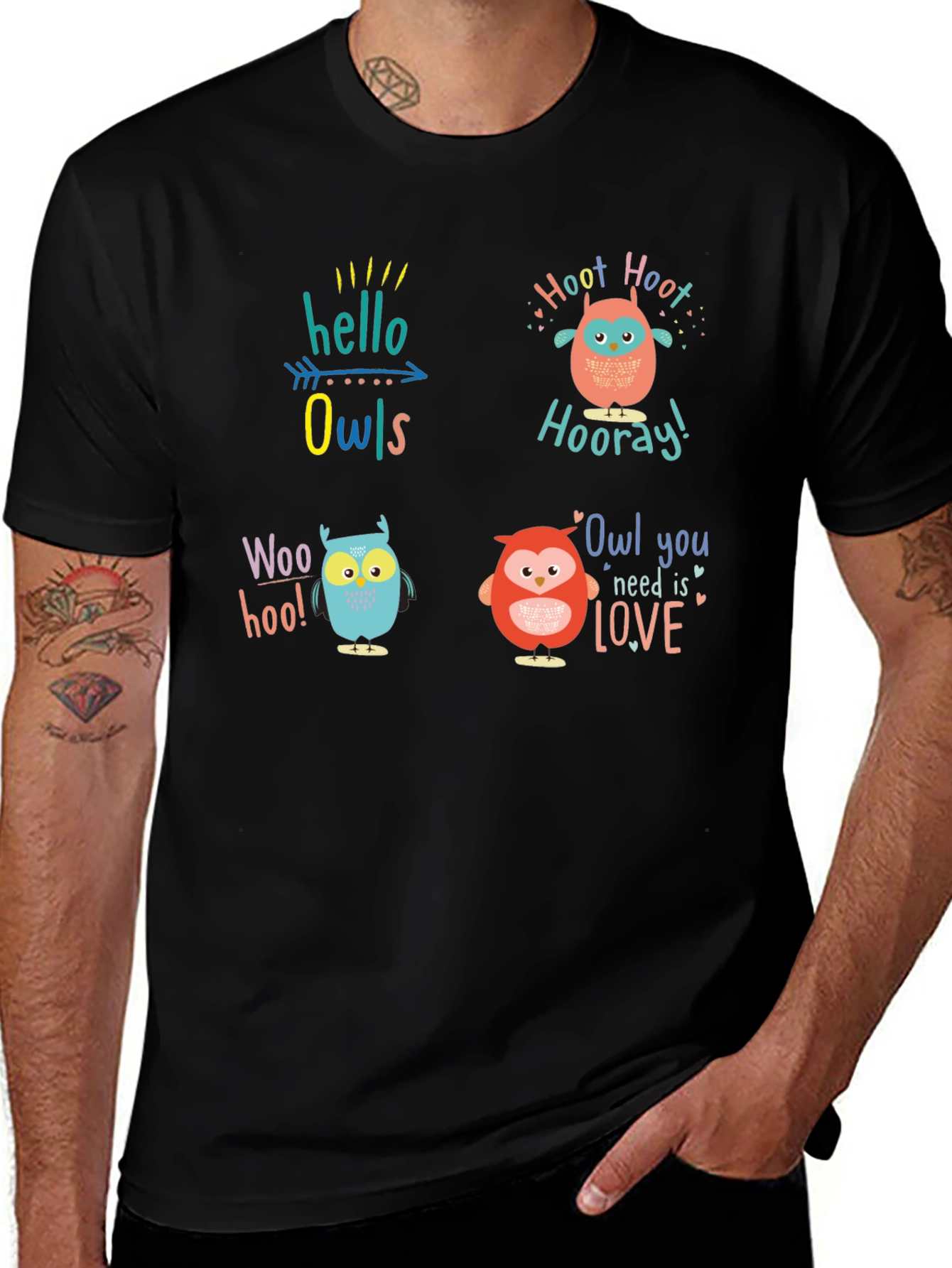 Fun Owl Graphic Print Crew Neck T-Shirt