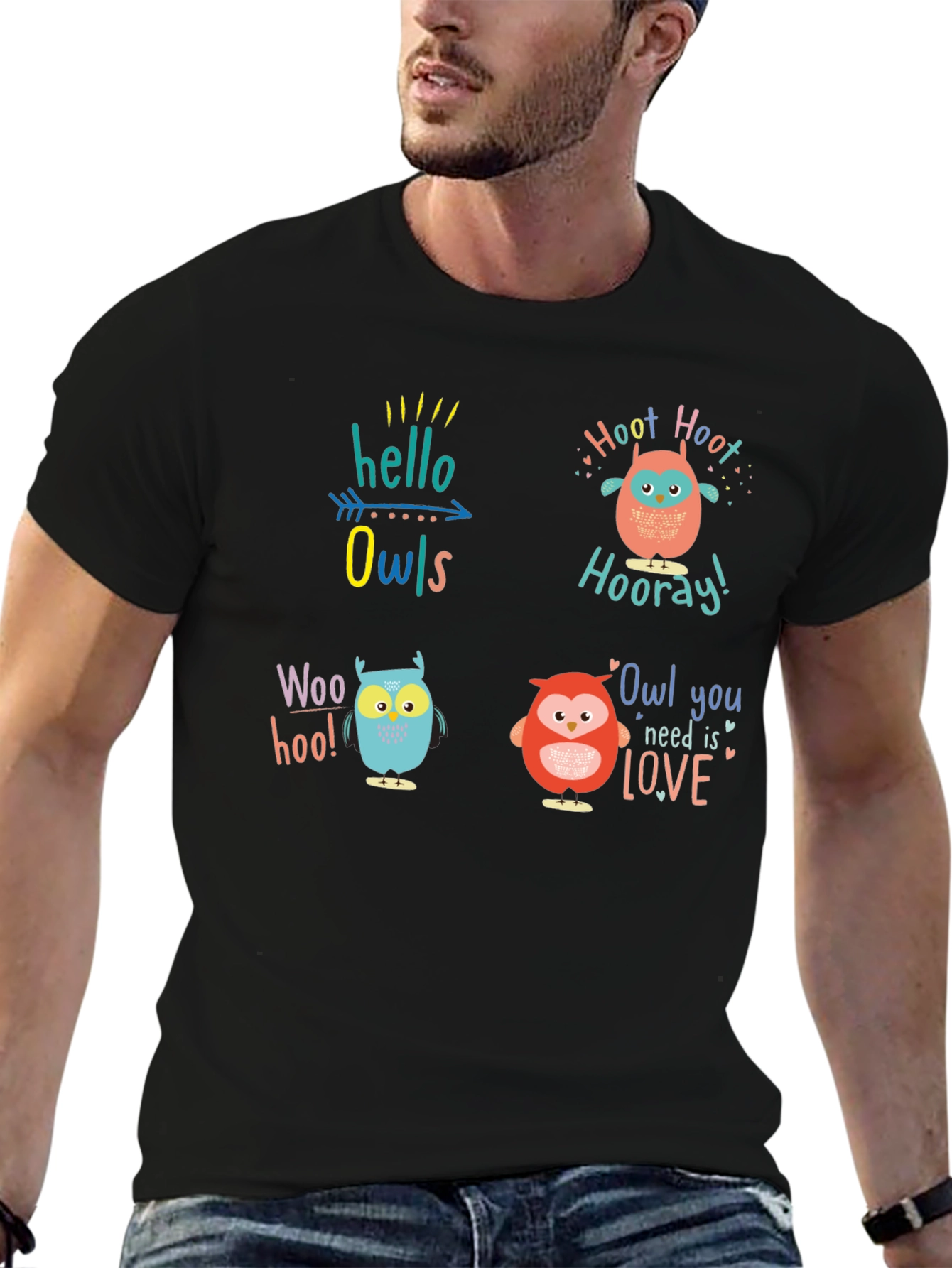 Fun Owl Graphic Print Crew Neck T-Shirt