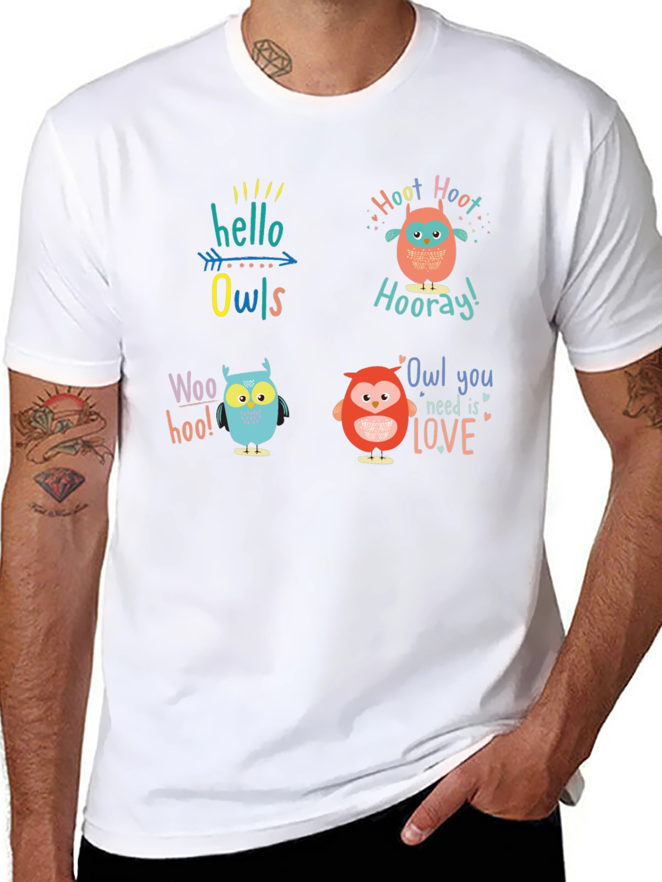 Fun Owl Graphic Print Crew Neck T-Shirt