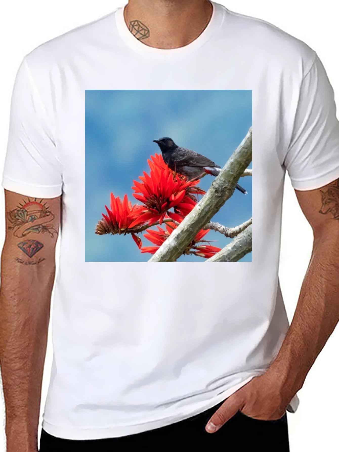 Bird on Coral Tree Black T-Shirt