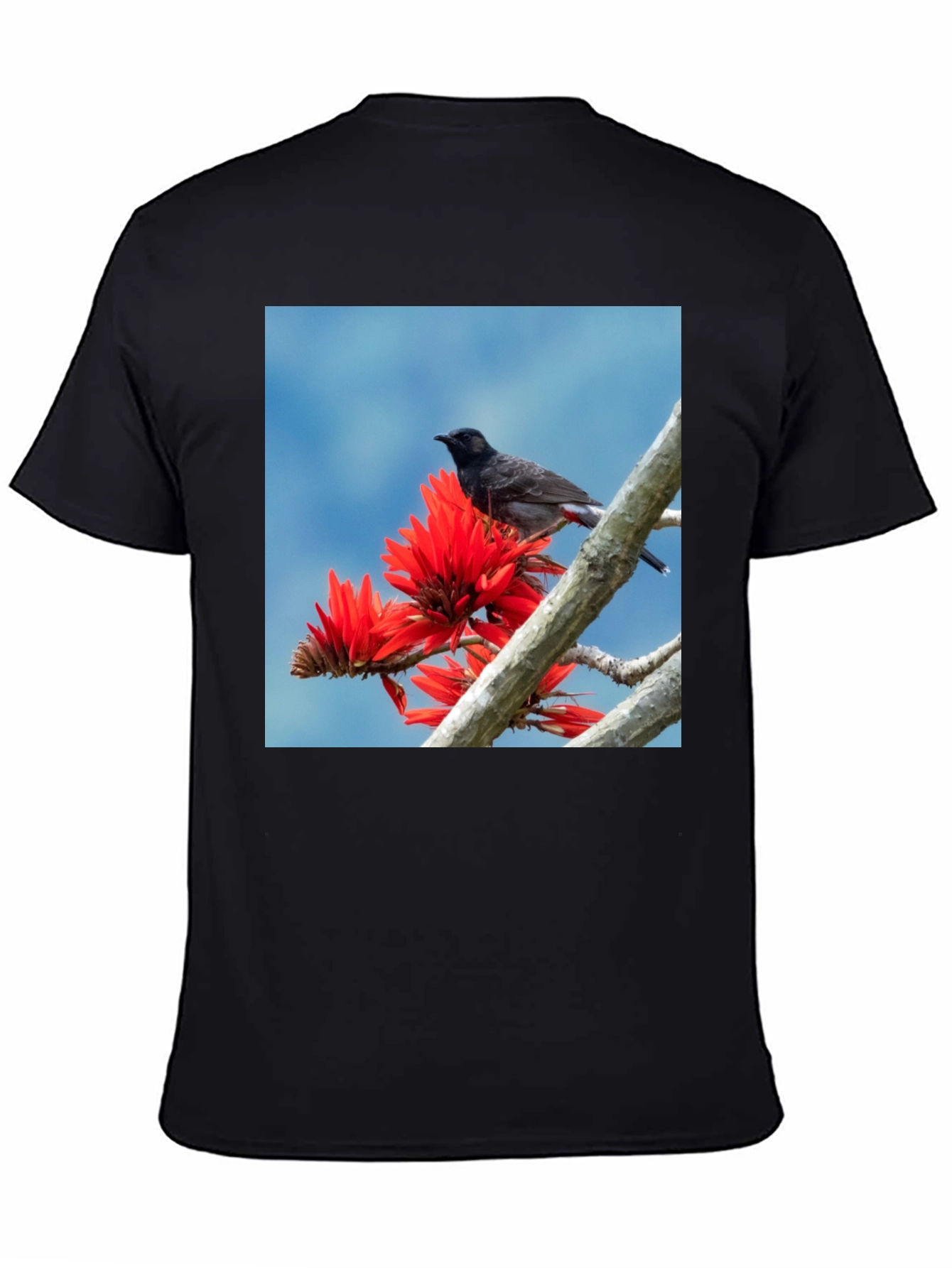 Bird on Coral Tree Black T-Shirt
