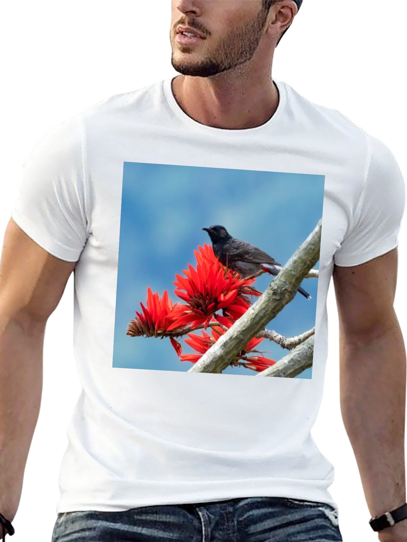Bird on Coral Tree Black T-Shirt