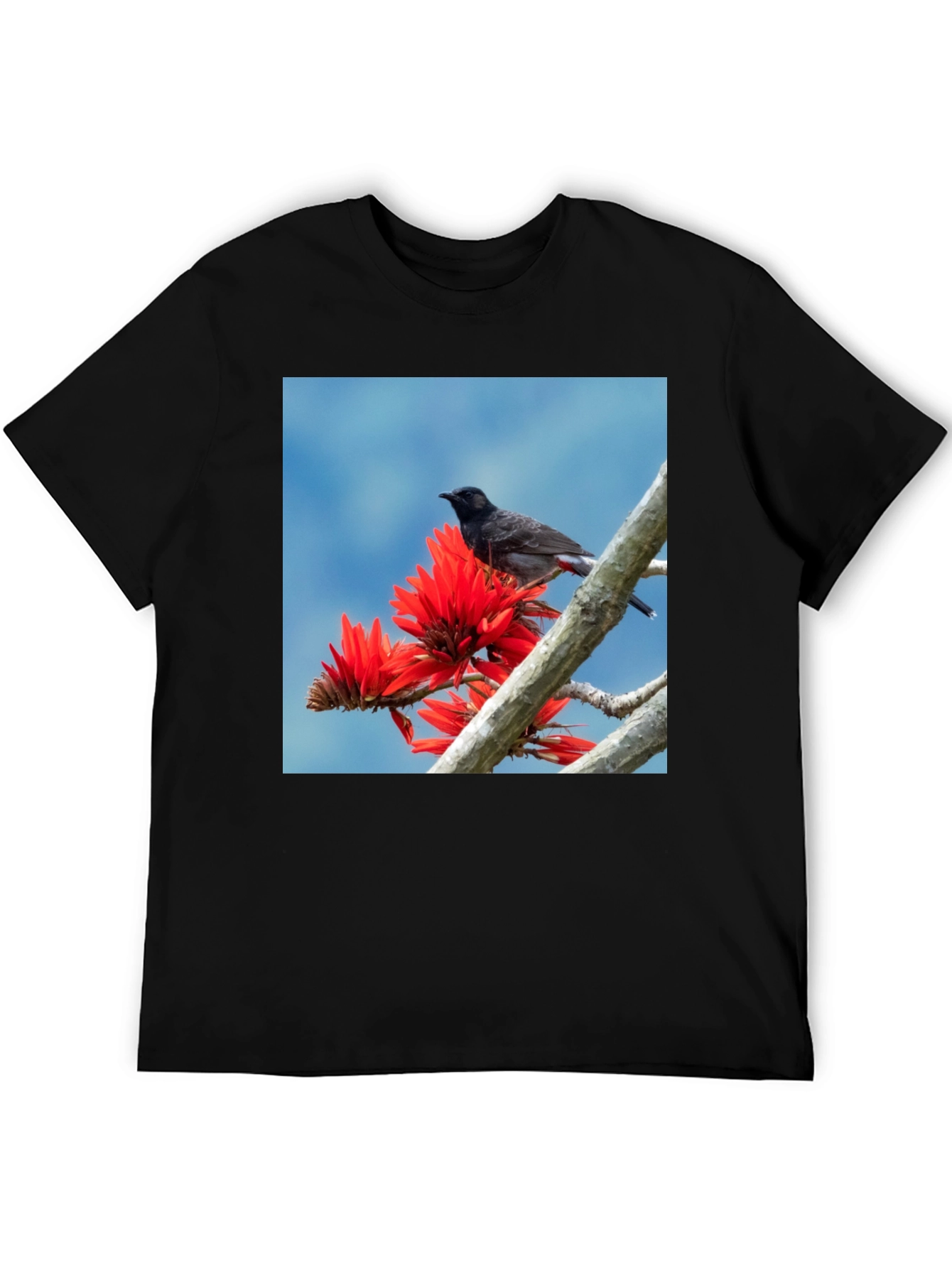 Bird on Coral Tree Black T-Shirt