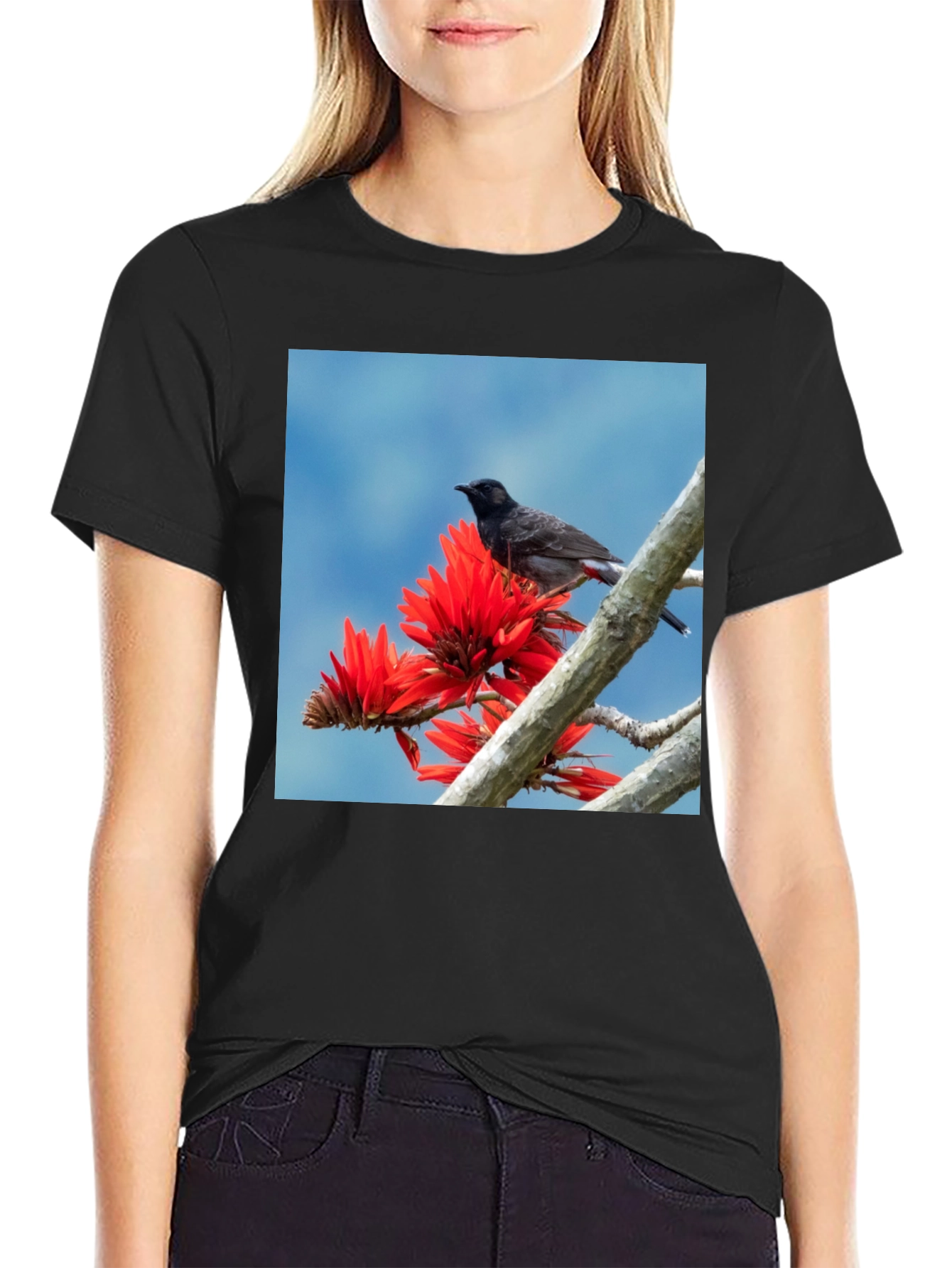 Bird on Coral Tree Black T-Shirt