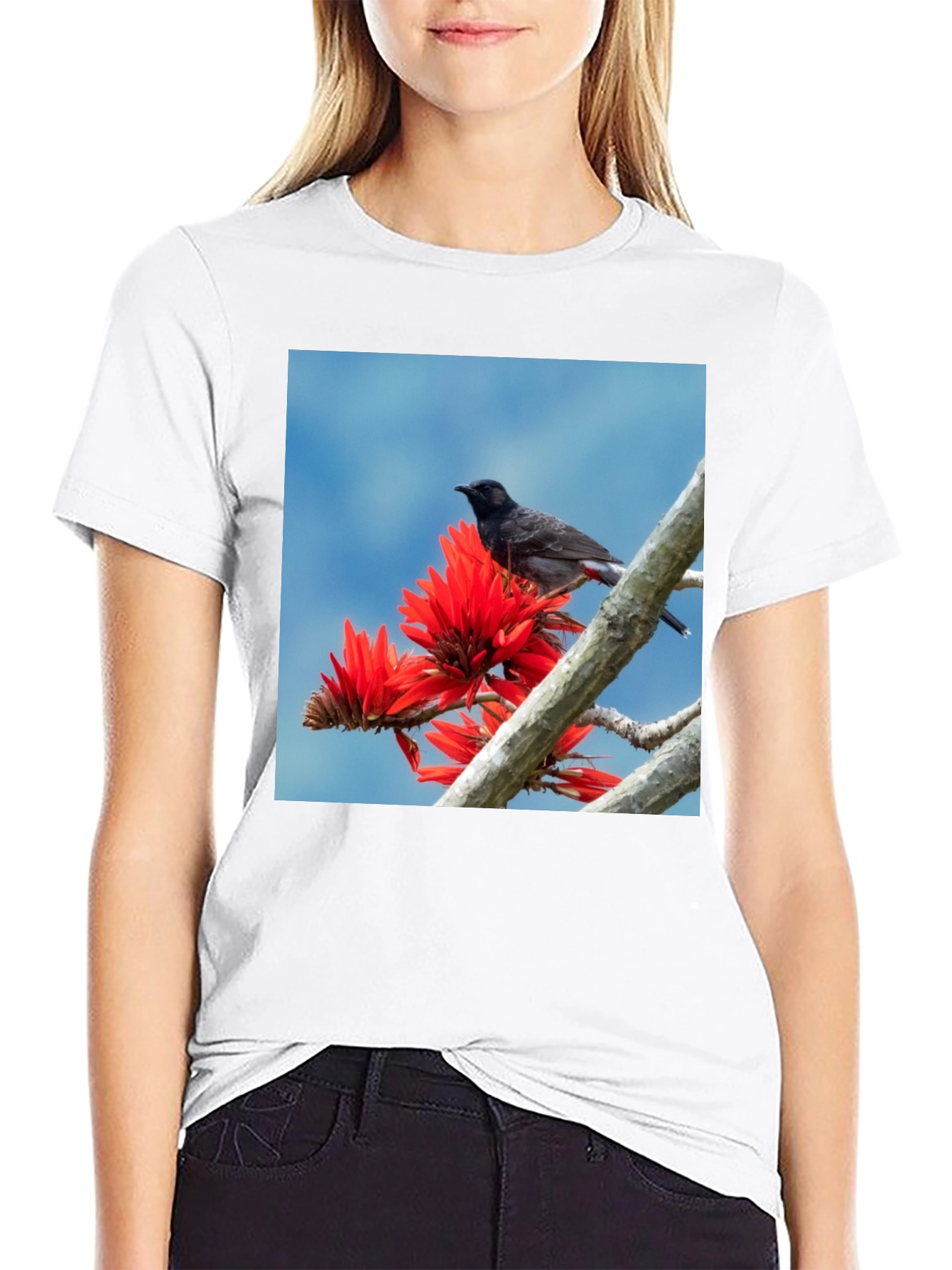 Bird on Coral Tree Black T-Shirt