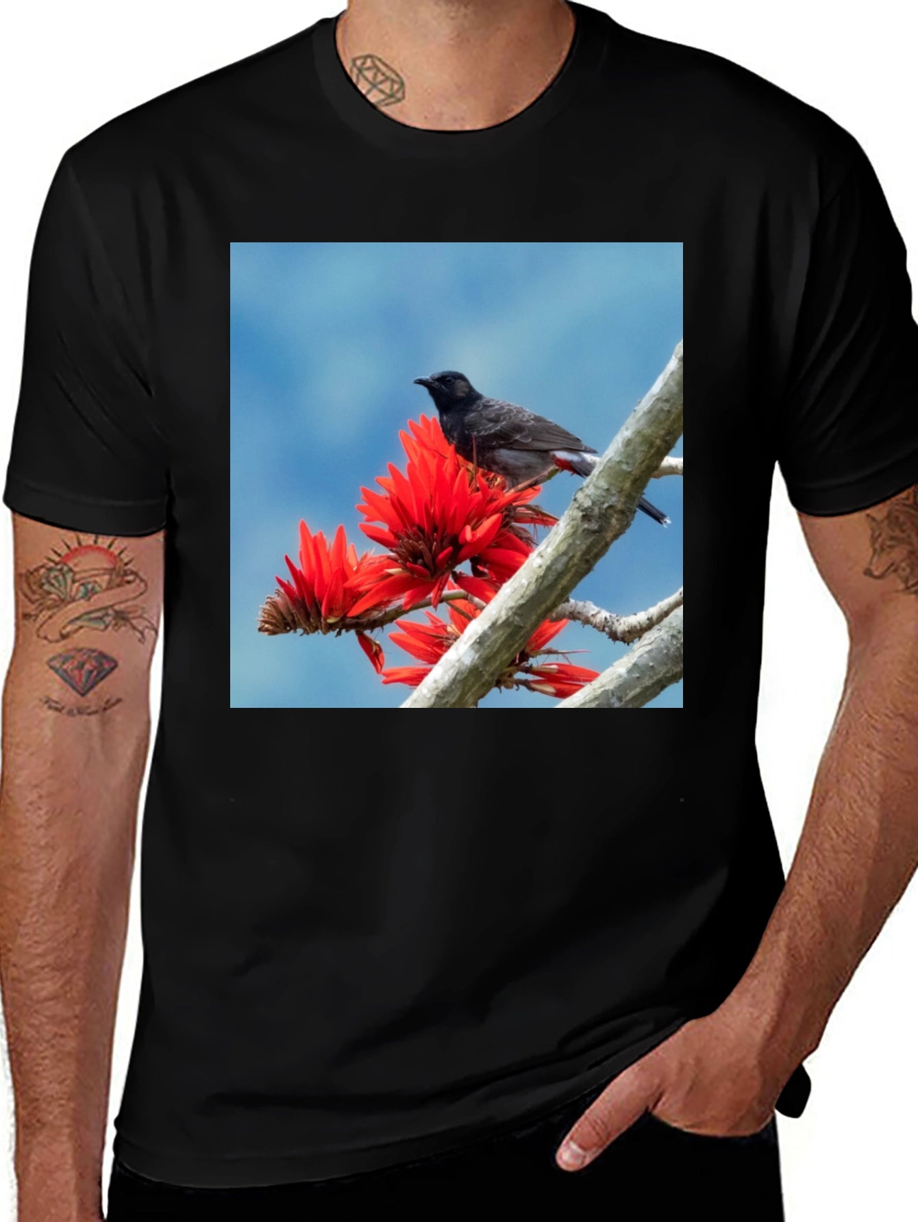 Bird on Coral Tree Black T-Shirt