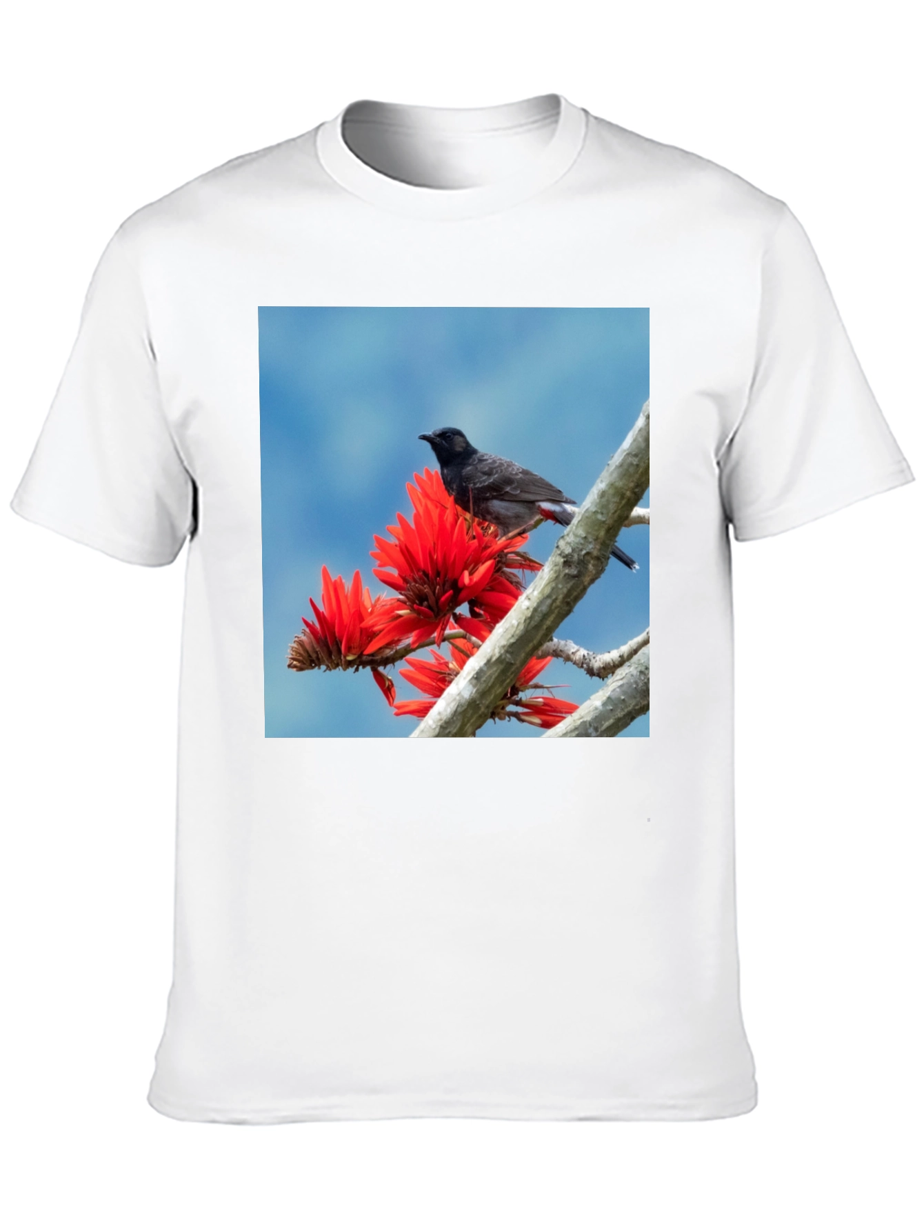 Bird on Coral Tree Black T-Shirt