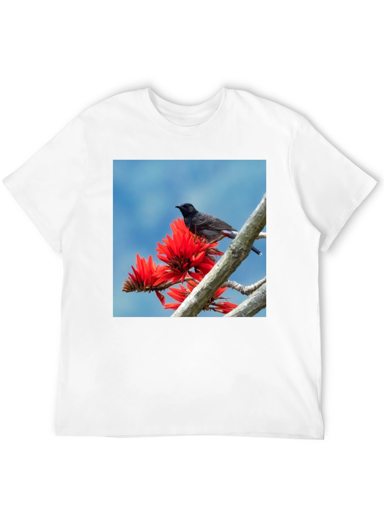 Bird on Coral Tree Black T-Shirt