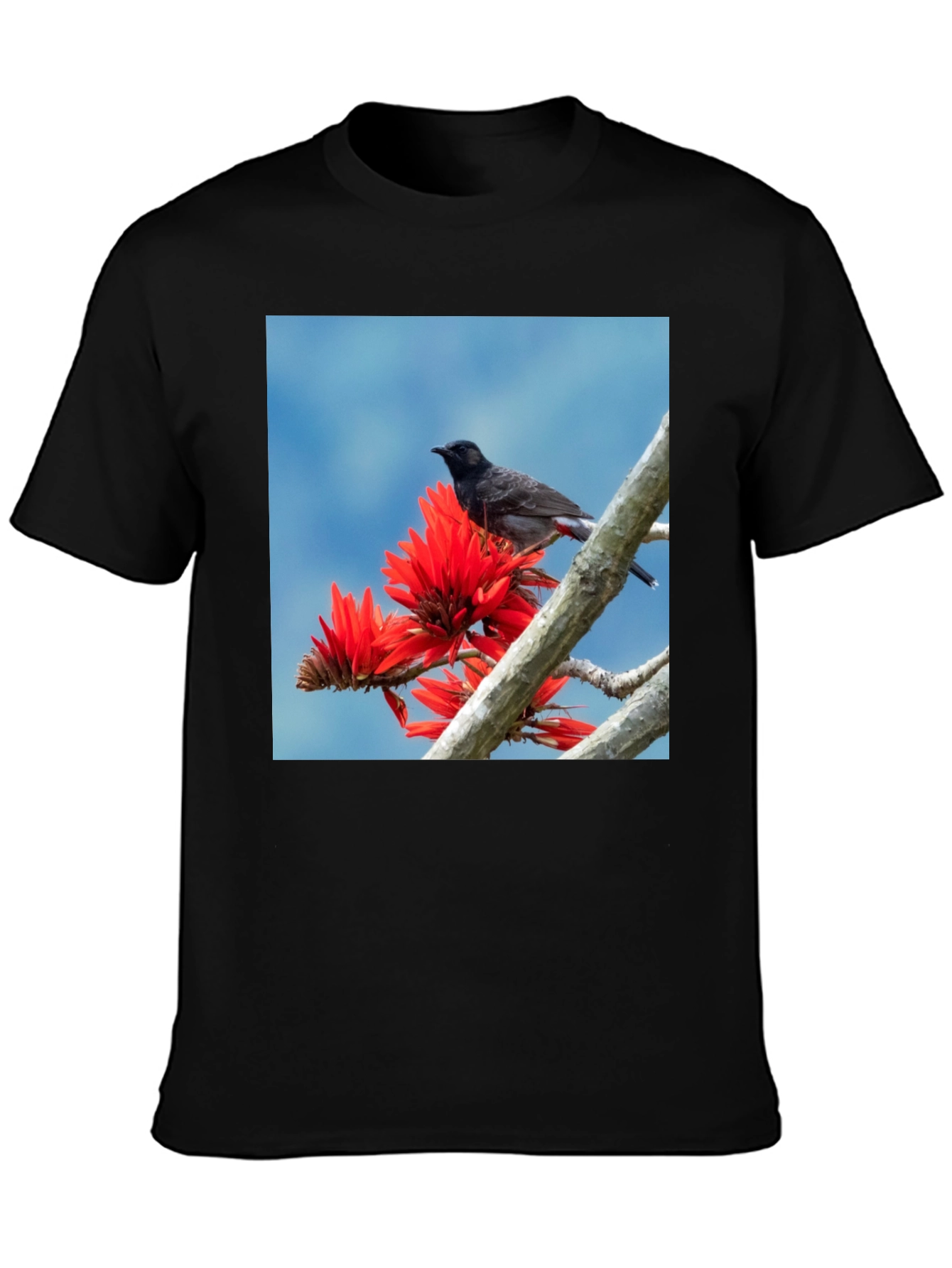 Bird on Coral Tree Black T-Shirt