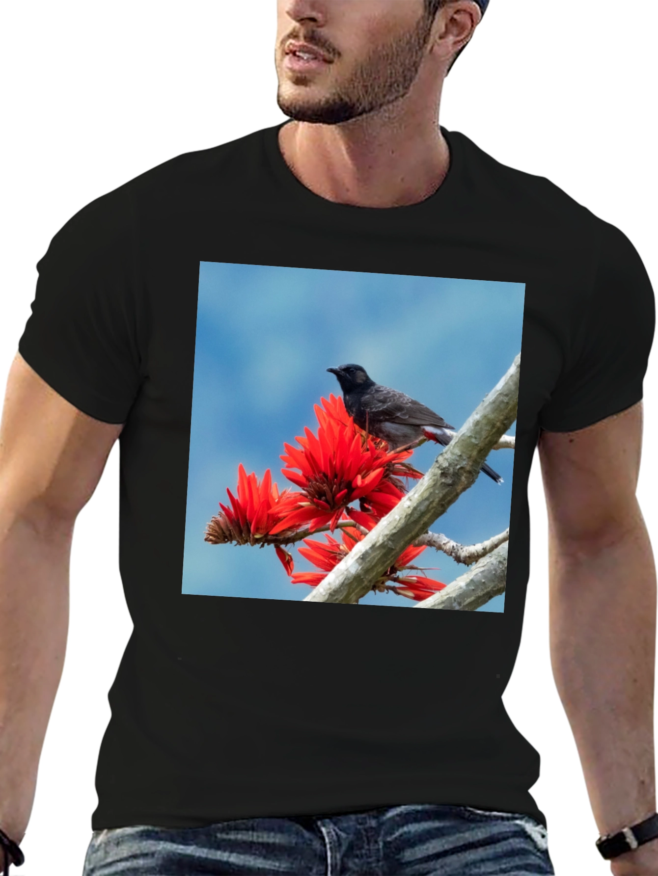 Bird on Coral Tree Black T-Shirt