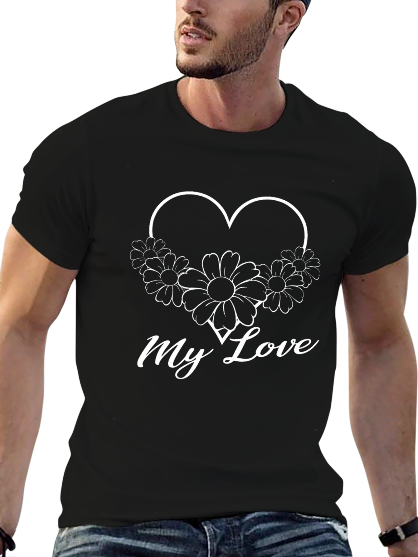 My Love Floral Heart Graphic Tee - Black