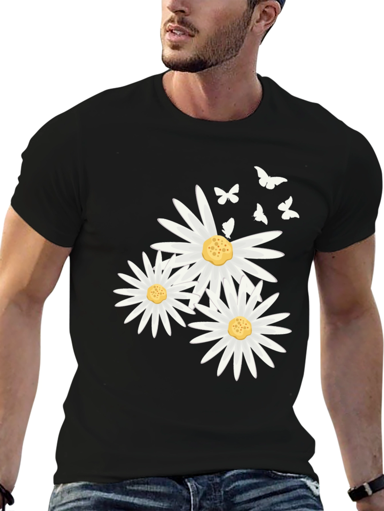 Daisy & Butterfly Print Black T-Shirt