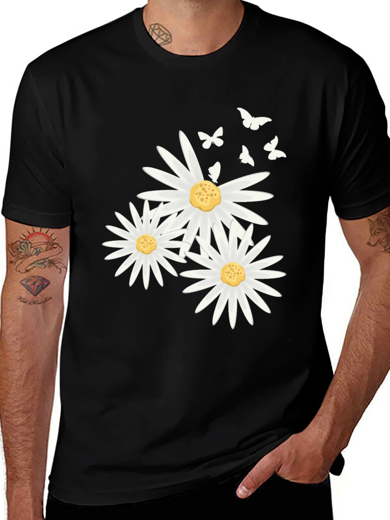 Daisy & Butterfly Print Black T-Shirt