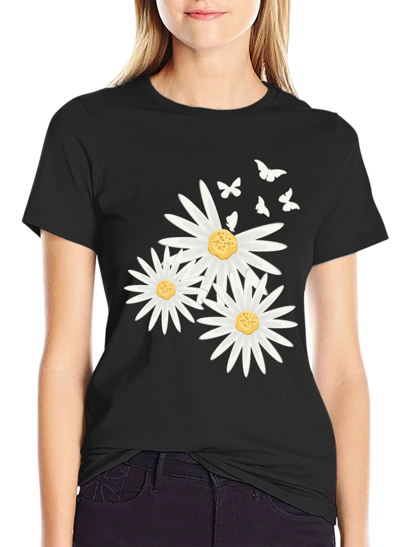 Daisy & Butterfly Print Black T-Shirt