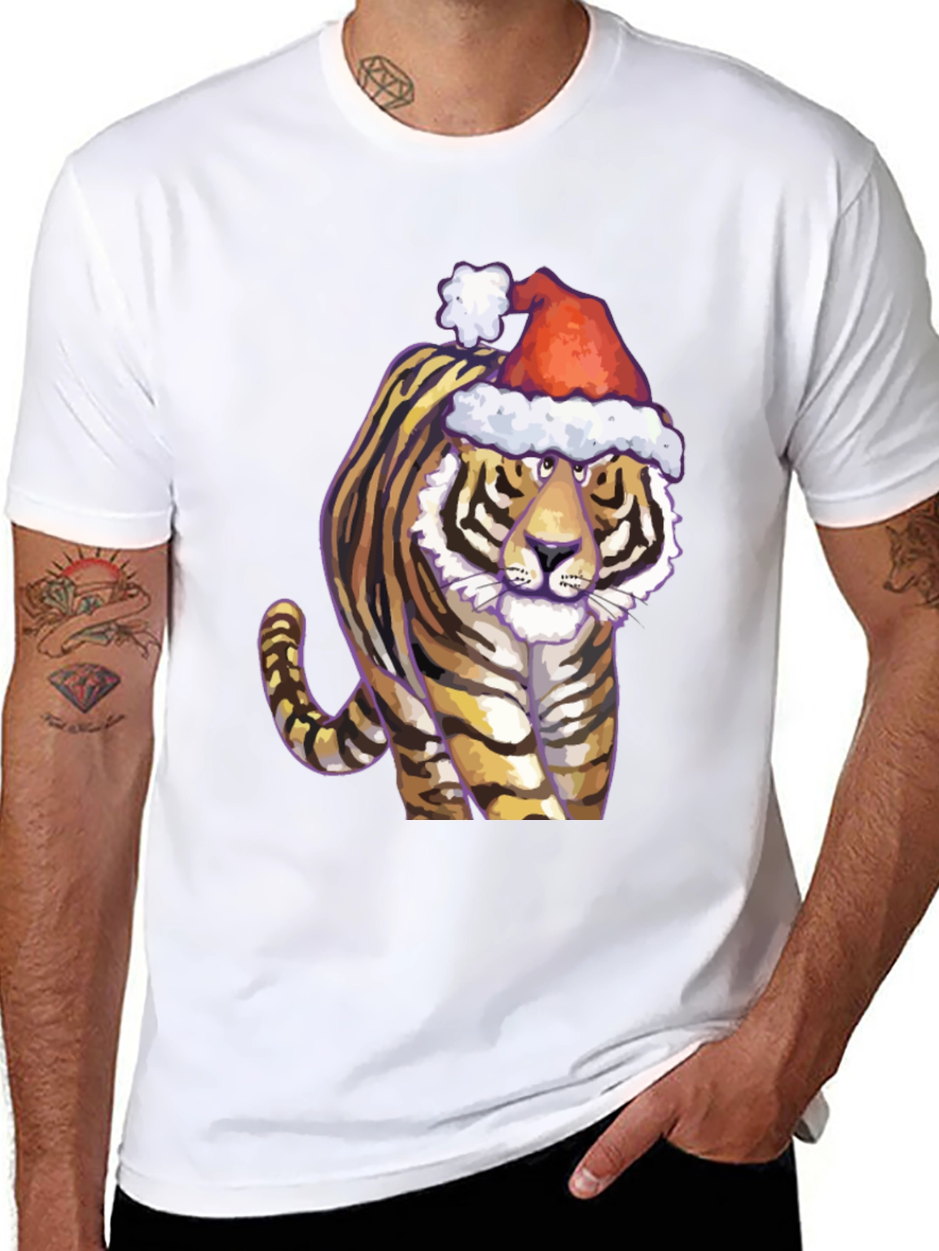 Festive Tiger Graphic Tee - Black Cotton Shirt