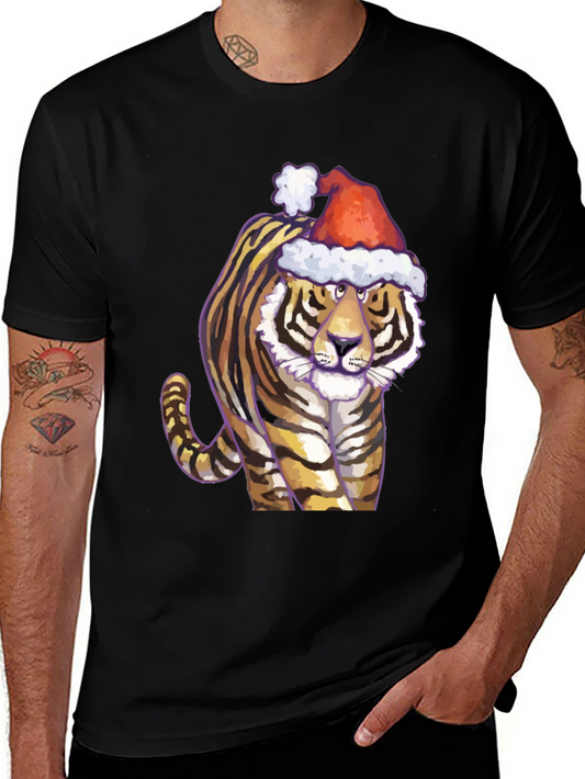 Festive Tiger Graphic Tee - Black Cotton Shirt