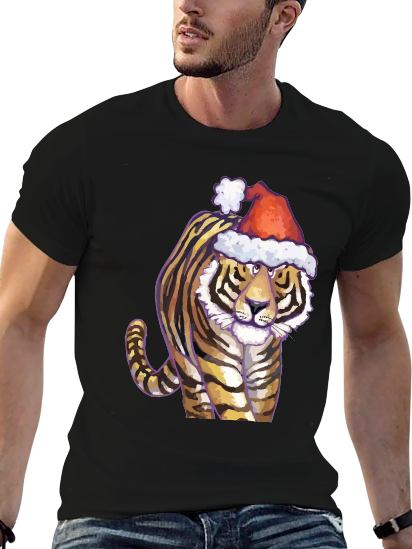 Festive Tiger Graphic Tee - Black Cotton Shirt