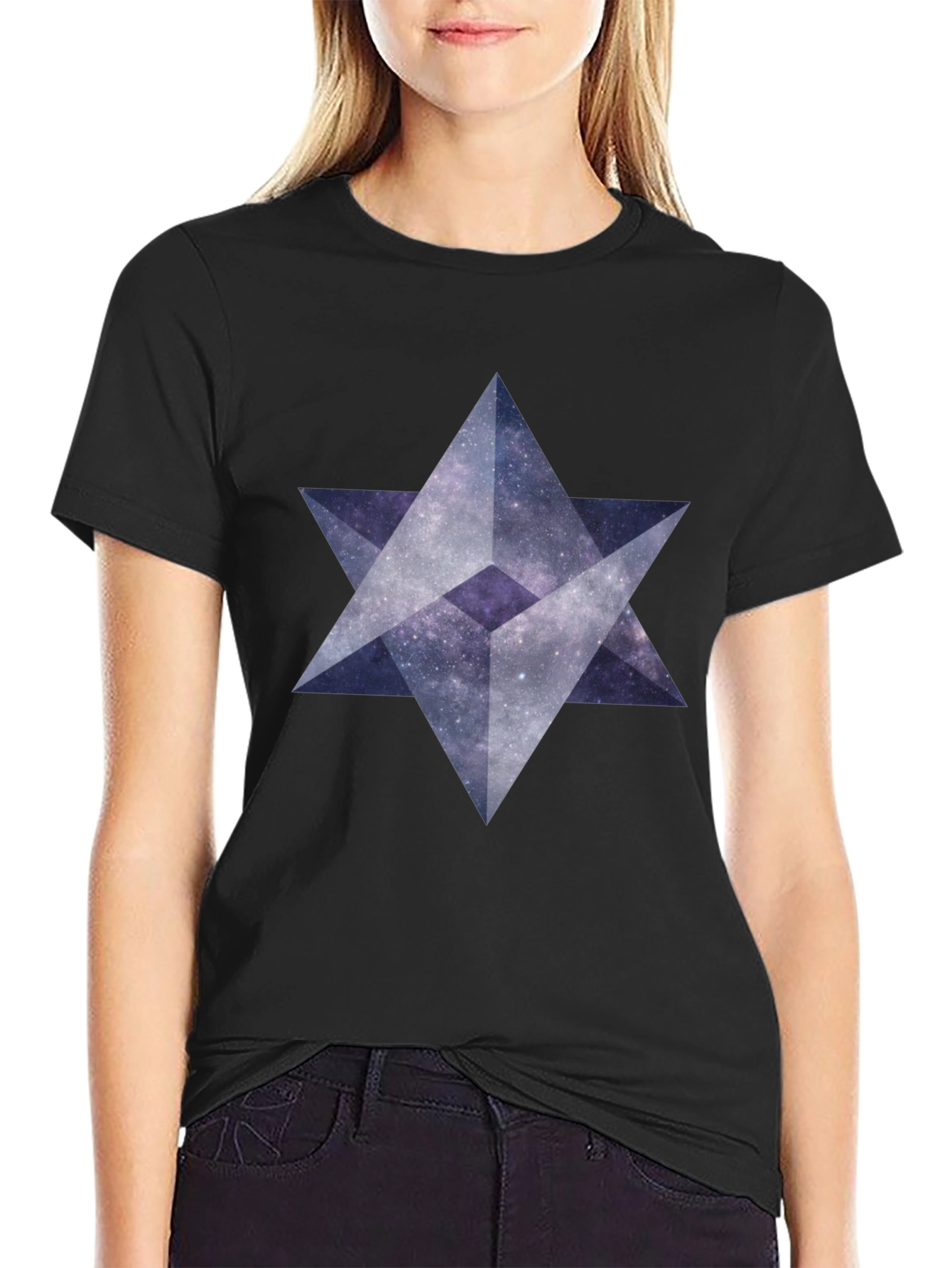Geometric Star Galaxy Print Black T-Shirt