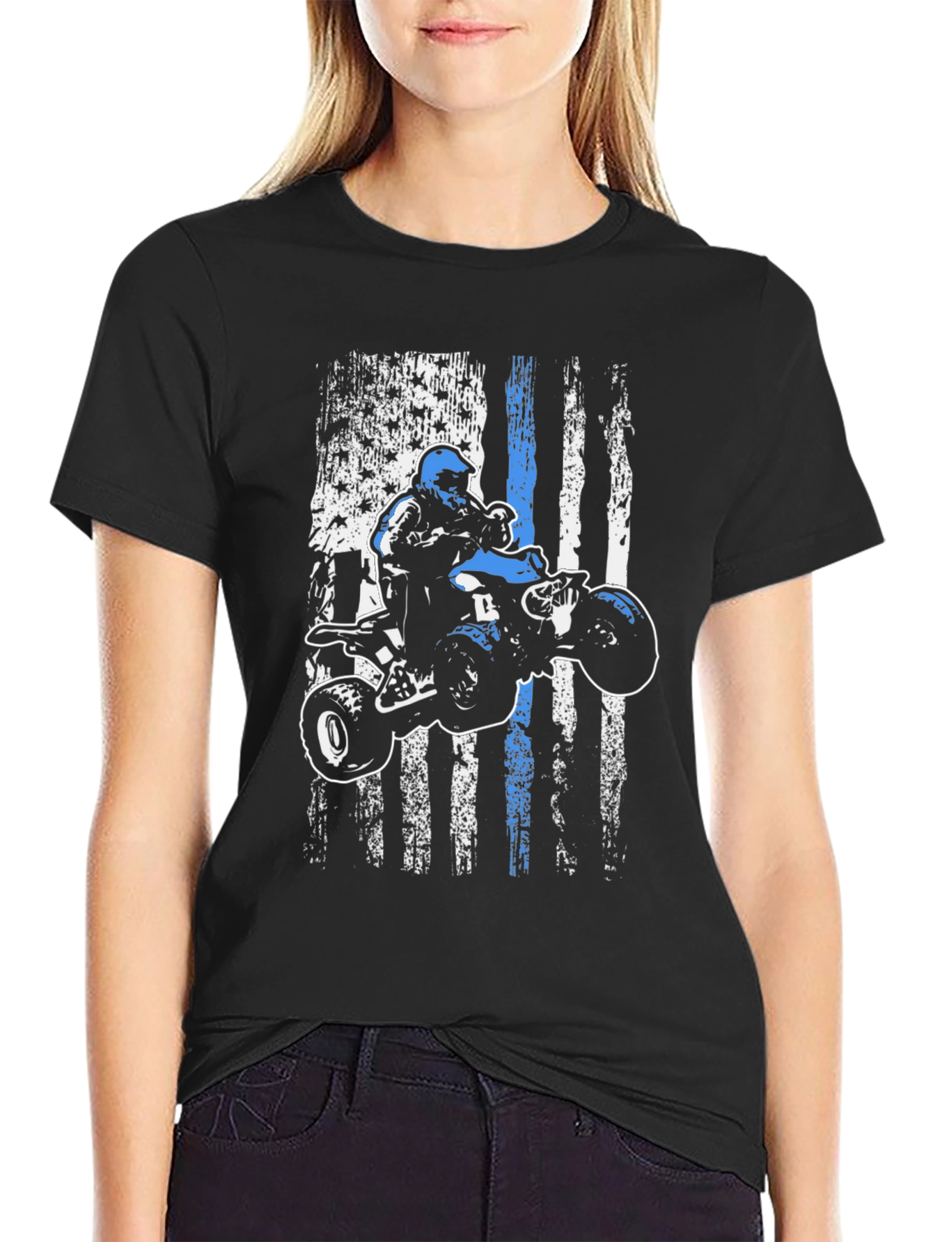 ATV Rider Thin Blue Line American Flag T-Shirt