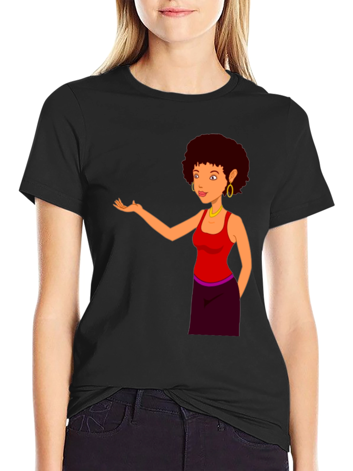 Cartoon Woman Graphic Print Black T-Shirt