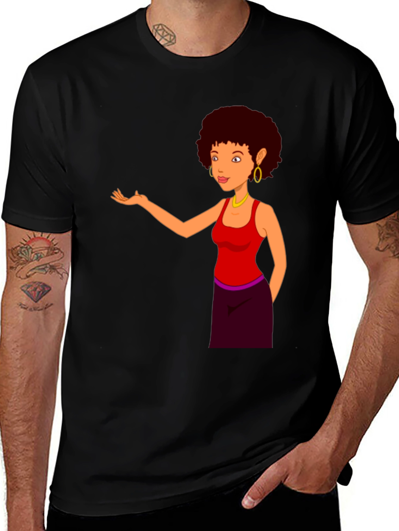 Cartoon Woman Graphic Print Black T-Shirt