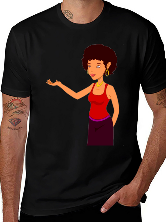 Cartoon Woman Graphic Print Black T-Shirt