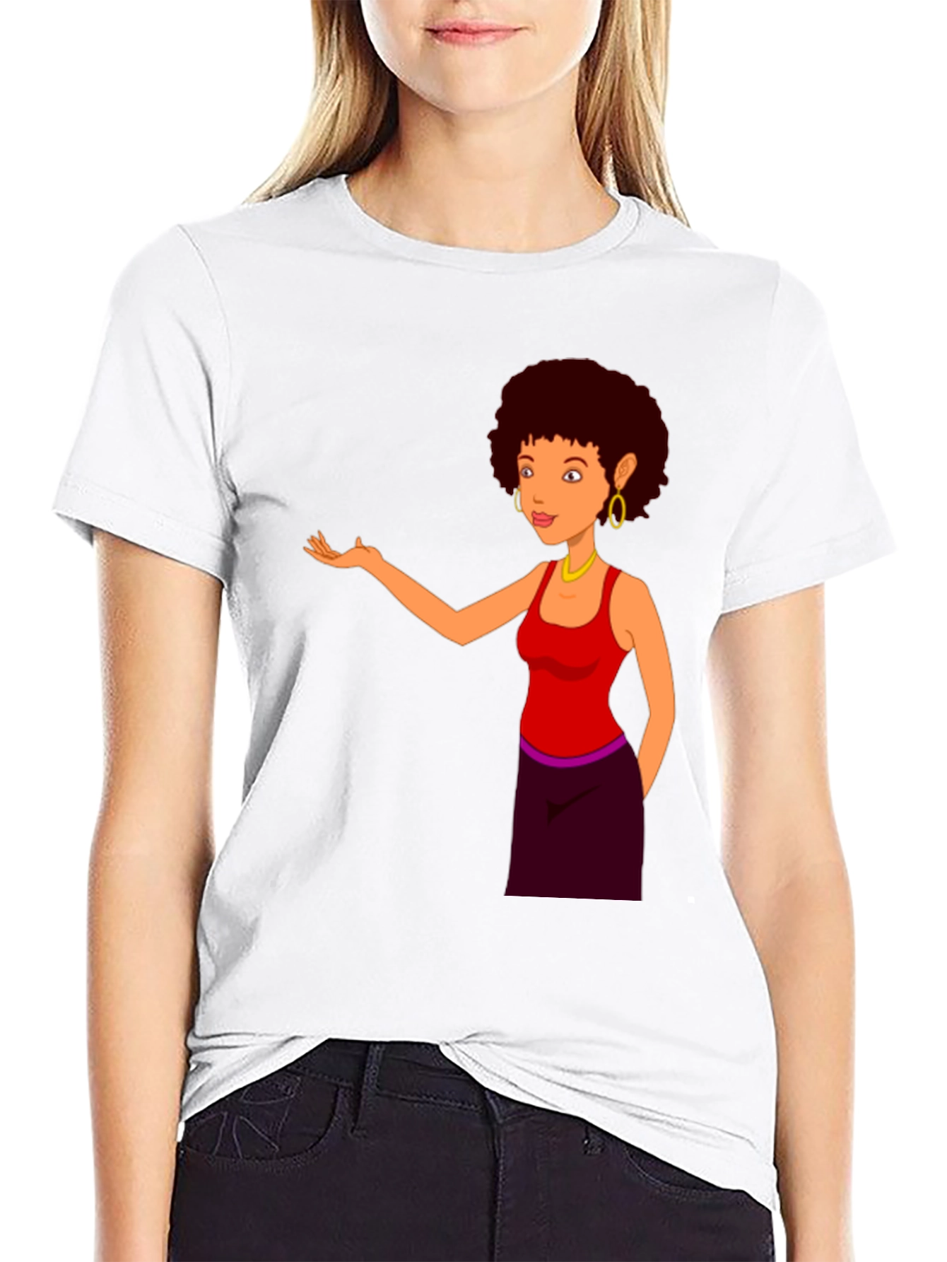 Cartoon Woman Graphic Print Black T-Shirt