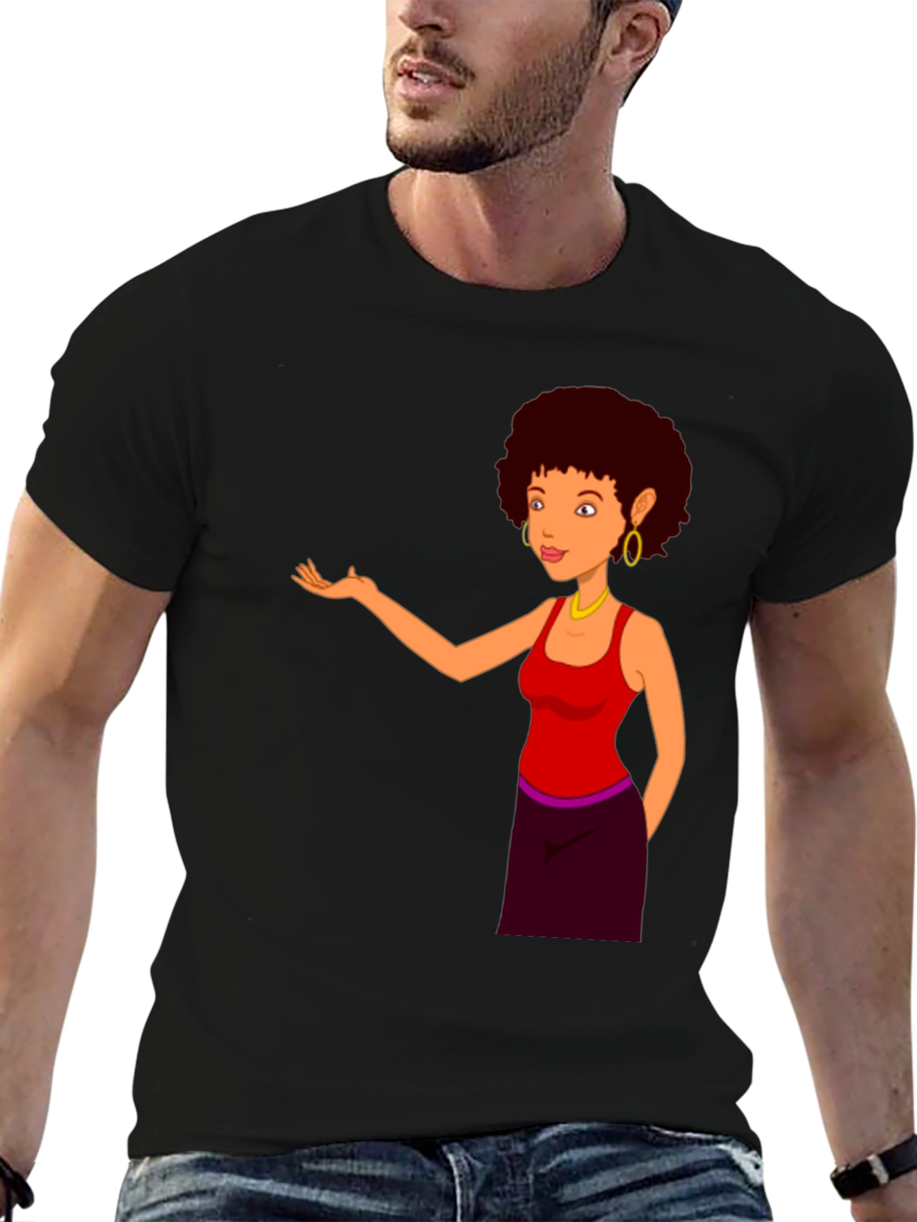 Cartoon Woman Graphic Print Black T-Shirt