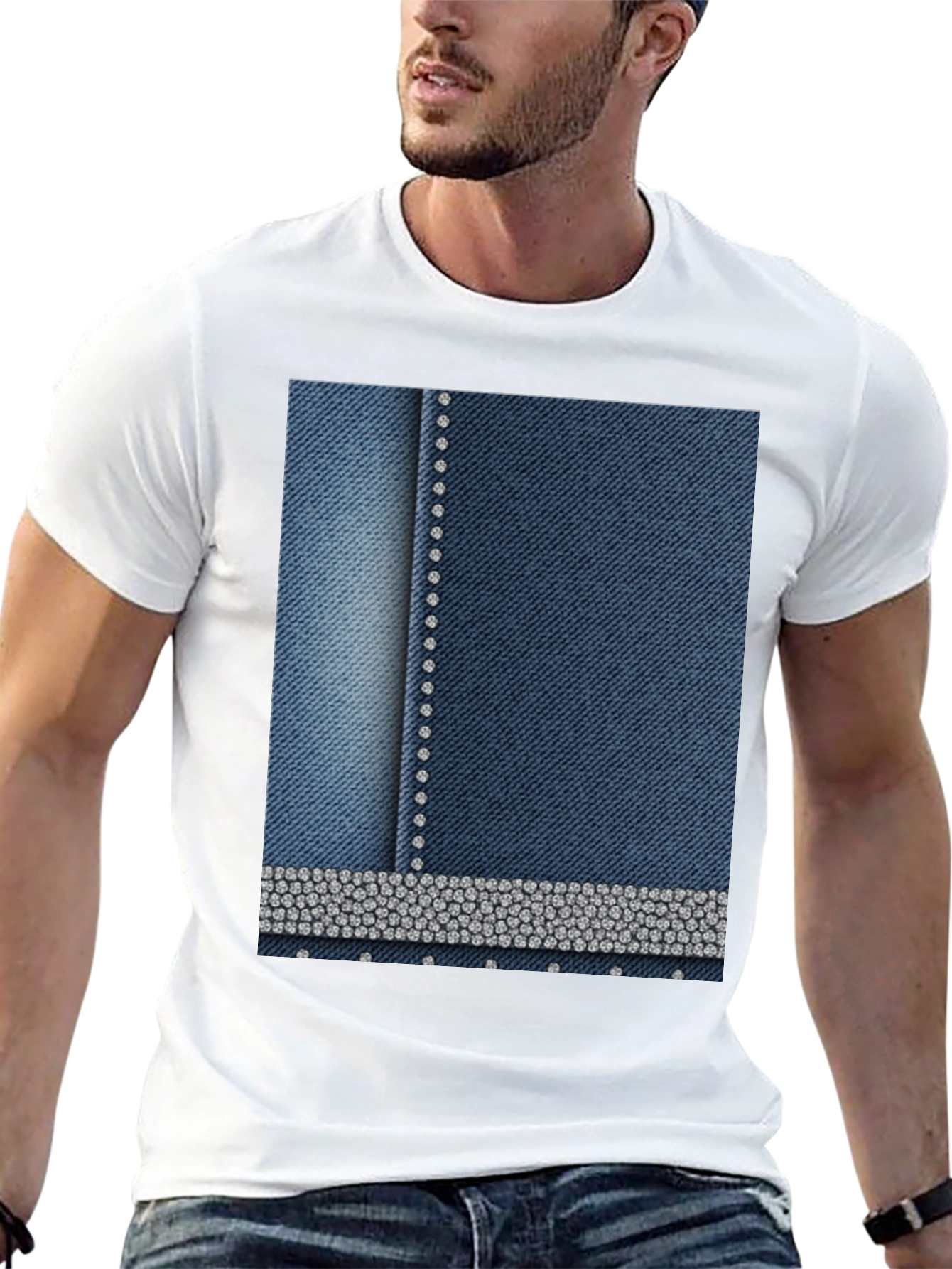 Denim Style T-Shirt with Rhinestone Detail