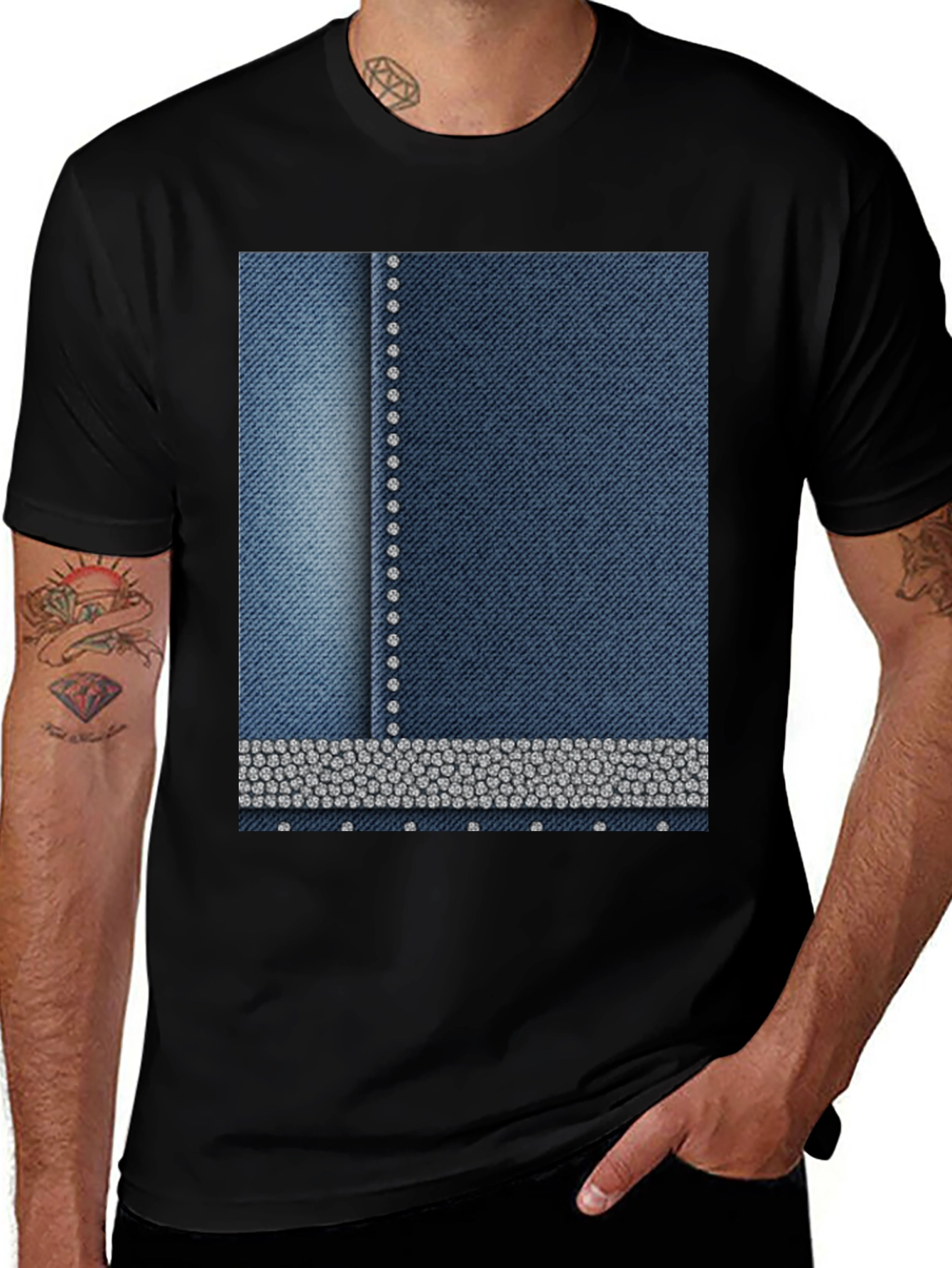 Denim Style T-Shirt with Rhinestone Detail