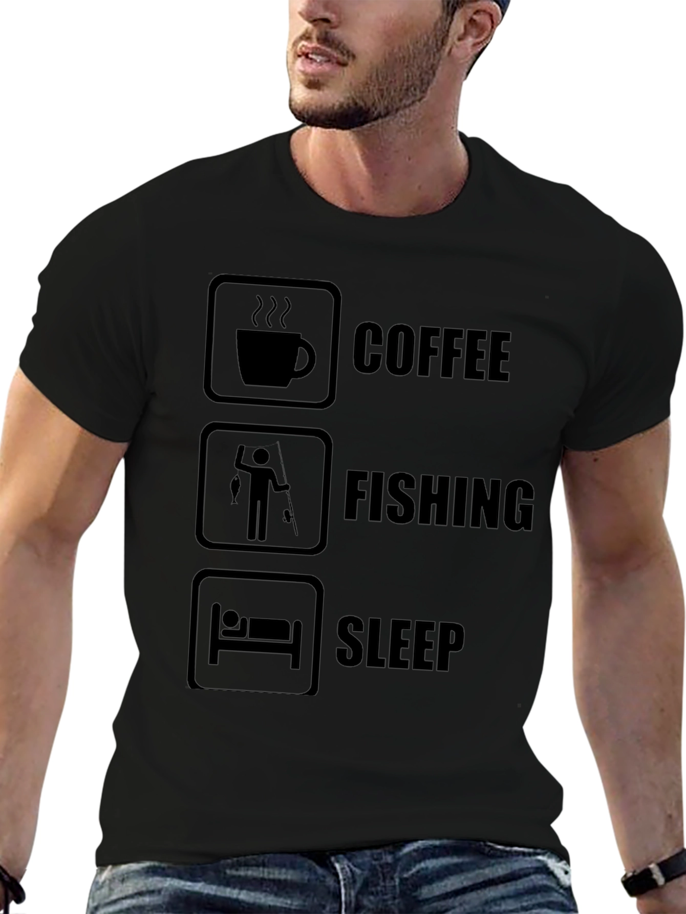 Coffee Fishing Sleep Graphic Tee - Black